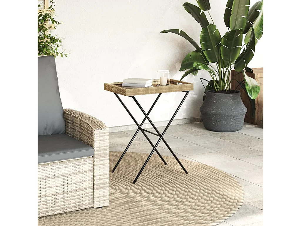 Zaldrik  Table à plateau pliable beige 65x40x75 cm résine tressée