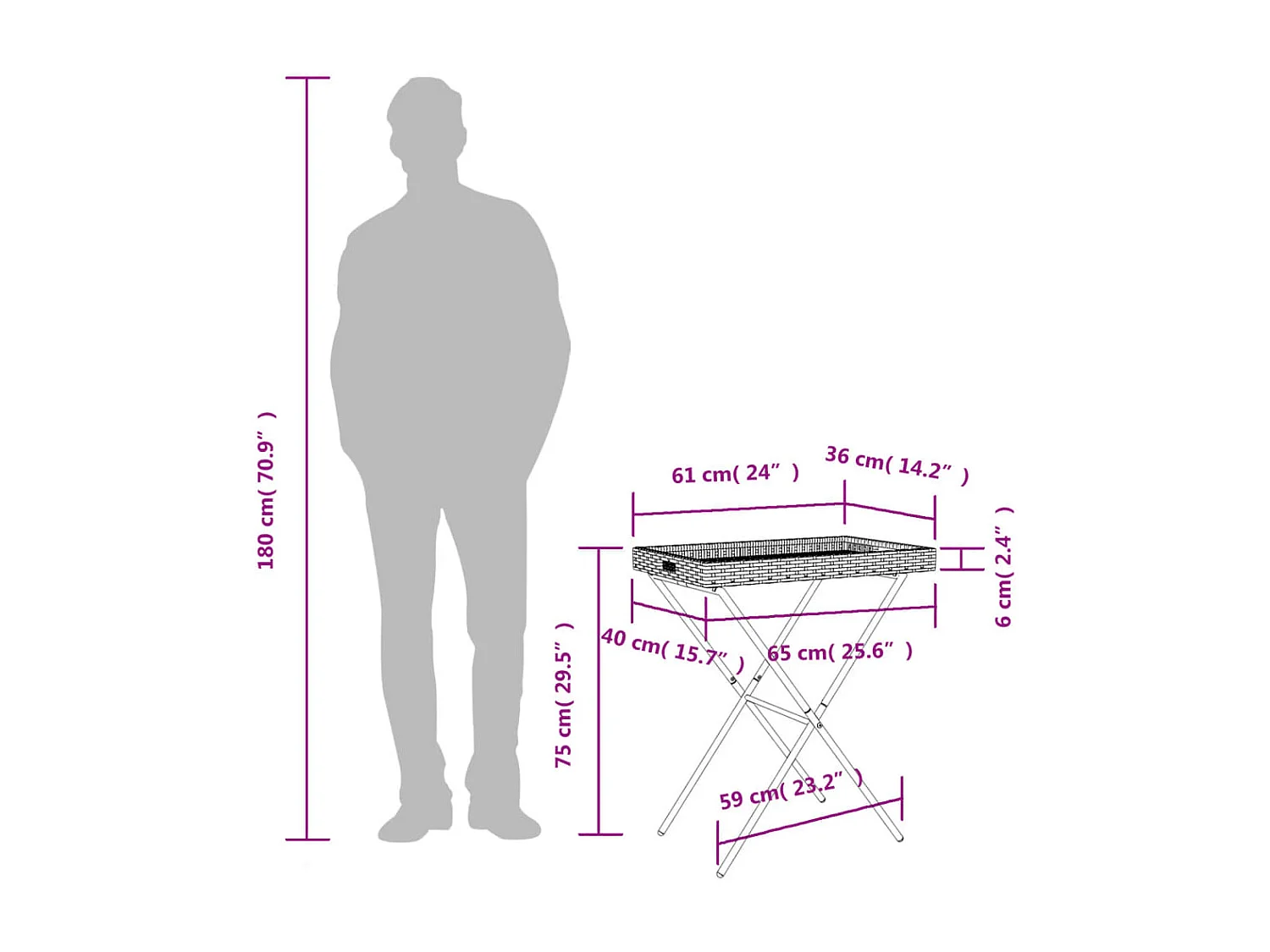 Zaldrik  Table à plateau pliable beige 65x40x75 cm résine tressée