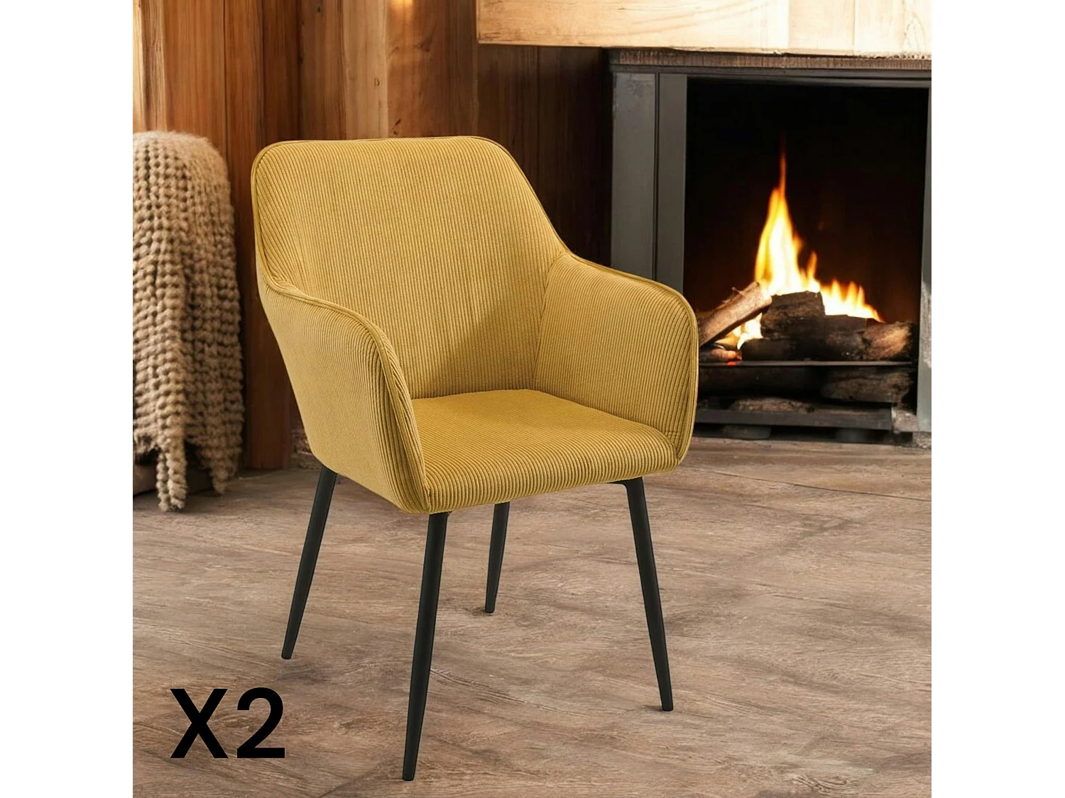 Fauteuil de table tissu cotelé moutarde (lot de 2) MALMOE