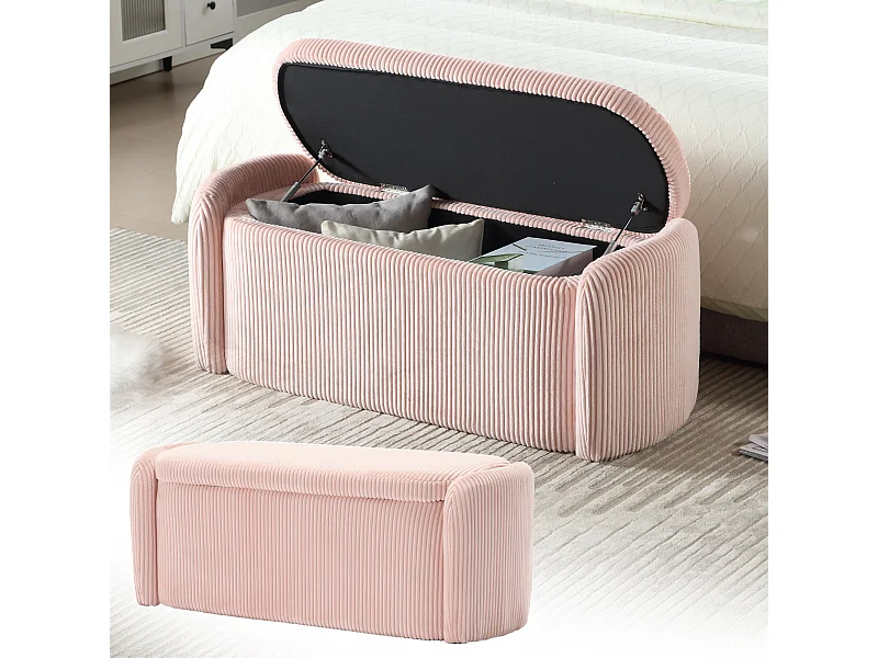 Hocker mit Stauraum aus gestreiftem Samt, bequem und vielseitig, ideal für Wohnzimmer und Schlafzimmer, Rosa
