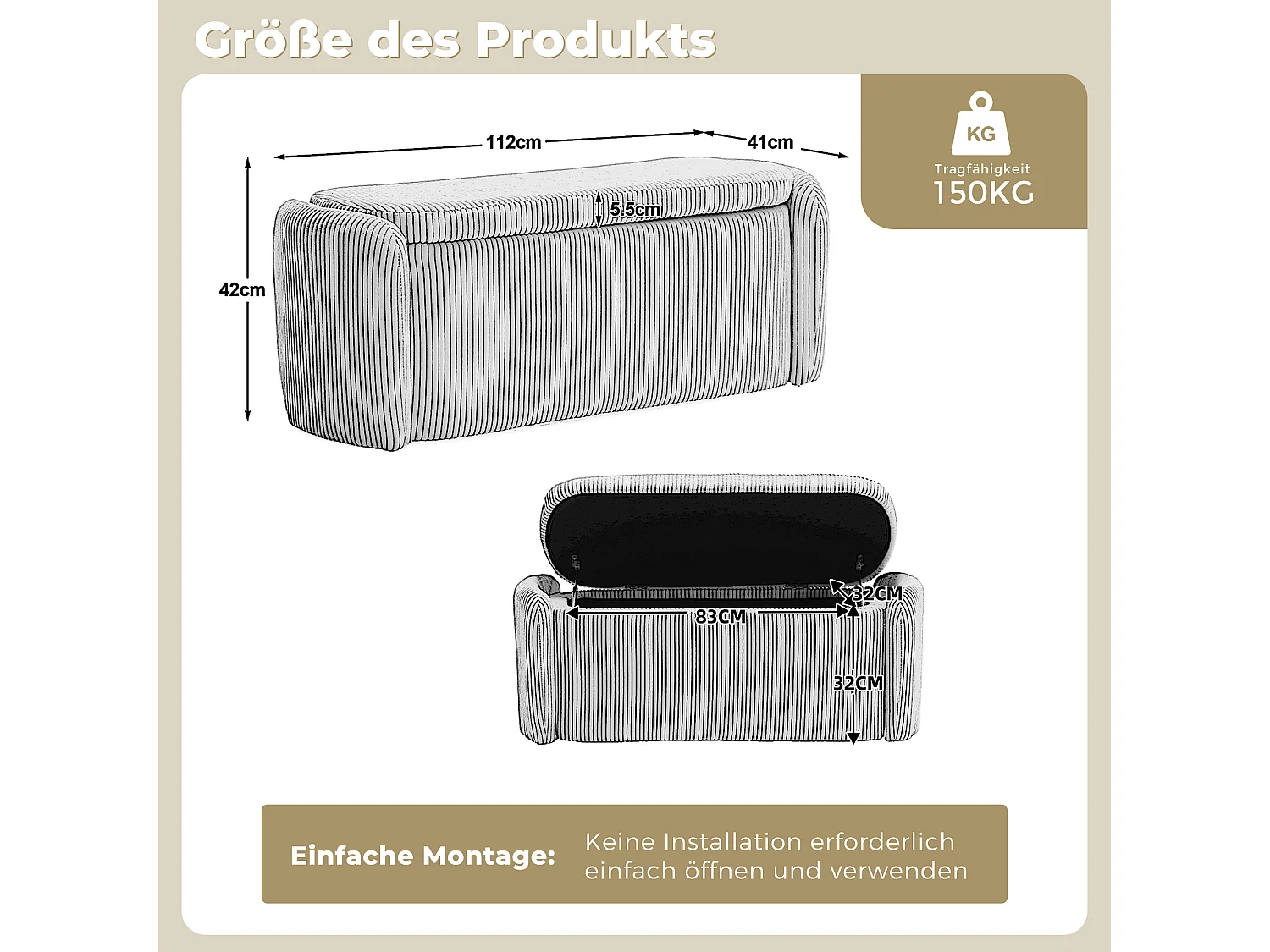 Hocker mit Stauraum aus gestreiftem Samt, bequem und vielseitig, ideal für Wohnzimmer und Schlafzimmer, Rosa