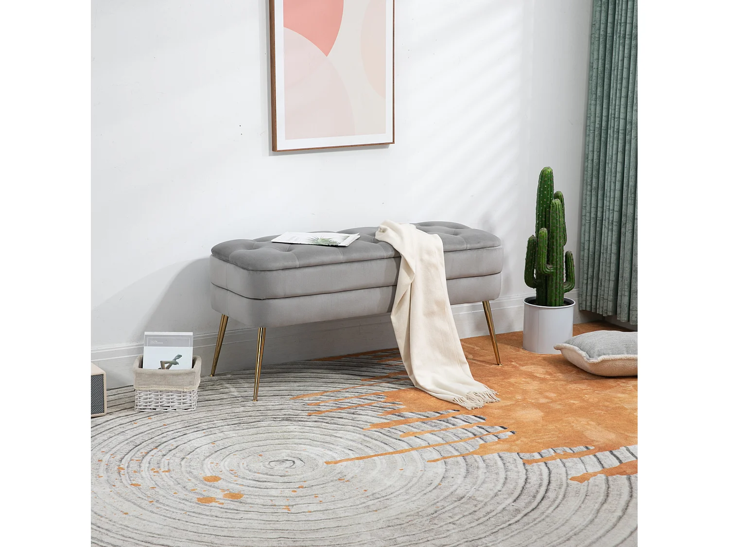 Banc en tissu rembourré avec charnière de sécurité, banc tabouret de Lit Banquette avec Espace de Rangement 104x40x51cm Gris