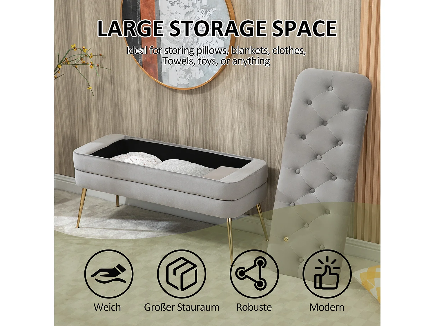 Banc en tissu rembourré avec charnière de sécurité, banc tabouret de Lit Banquette avec Espace de Rangement 104x40x51cm Gris