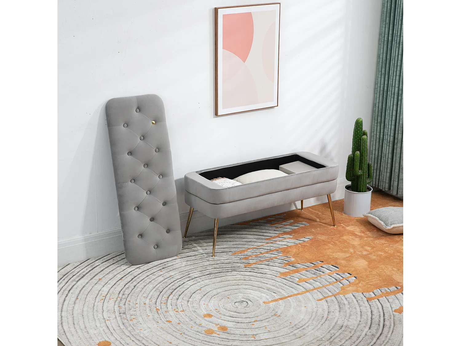 Banc en tissu rembourré avec charnière de sécurité, banc tabouret de Lit Banquette avec Espace de Rangement 104x40x51cm Gris