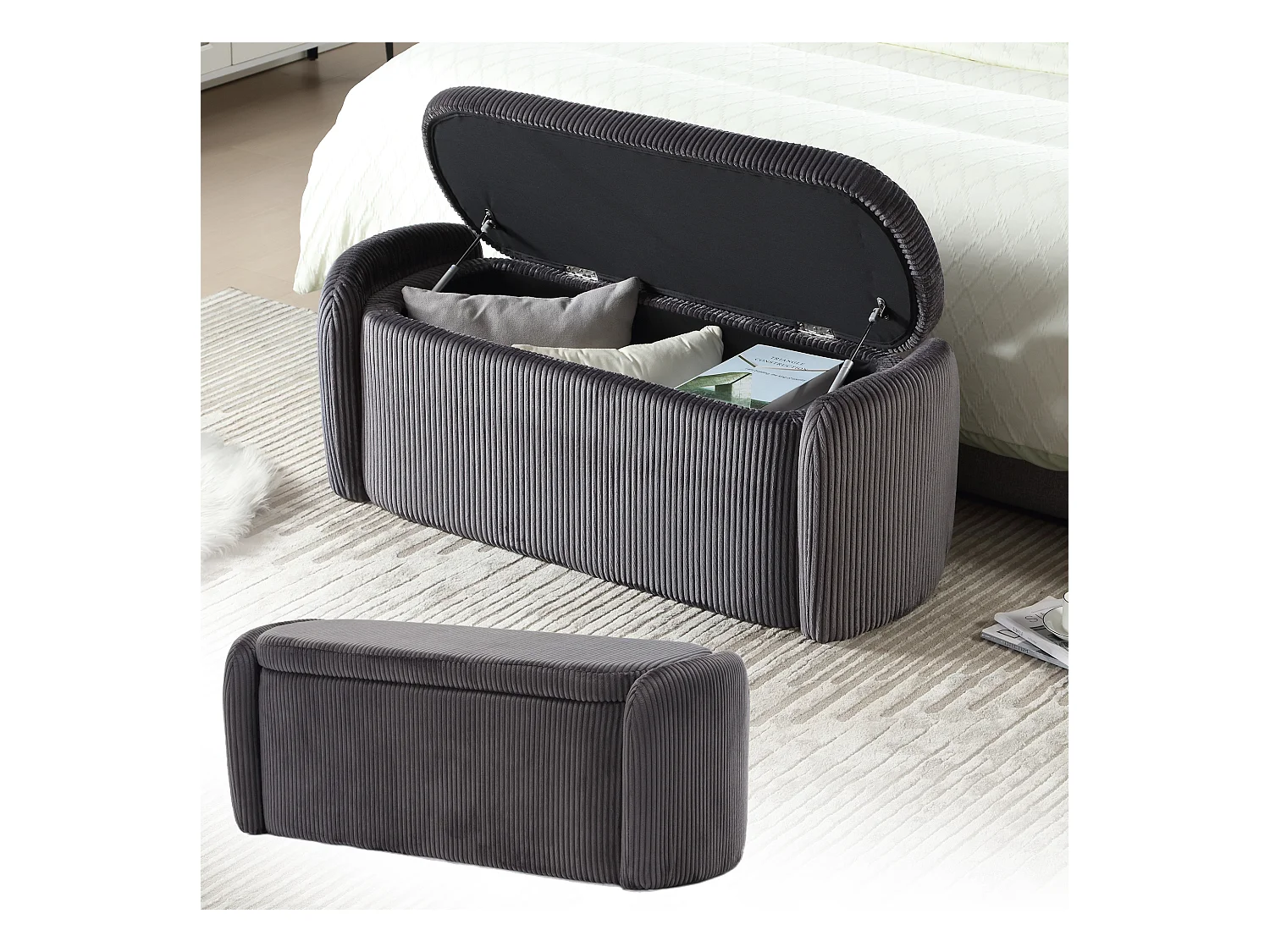 Tabouret de rangement en velours rayé, confortable et polyvalent, idéal pour le salon et la chambre,noir