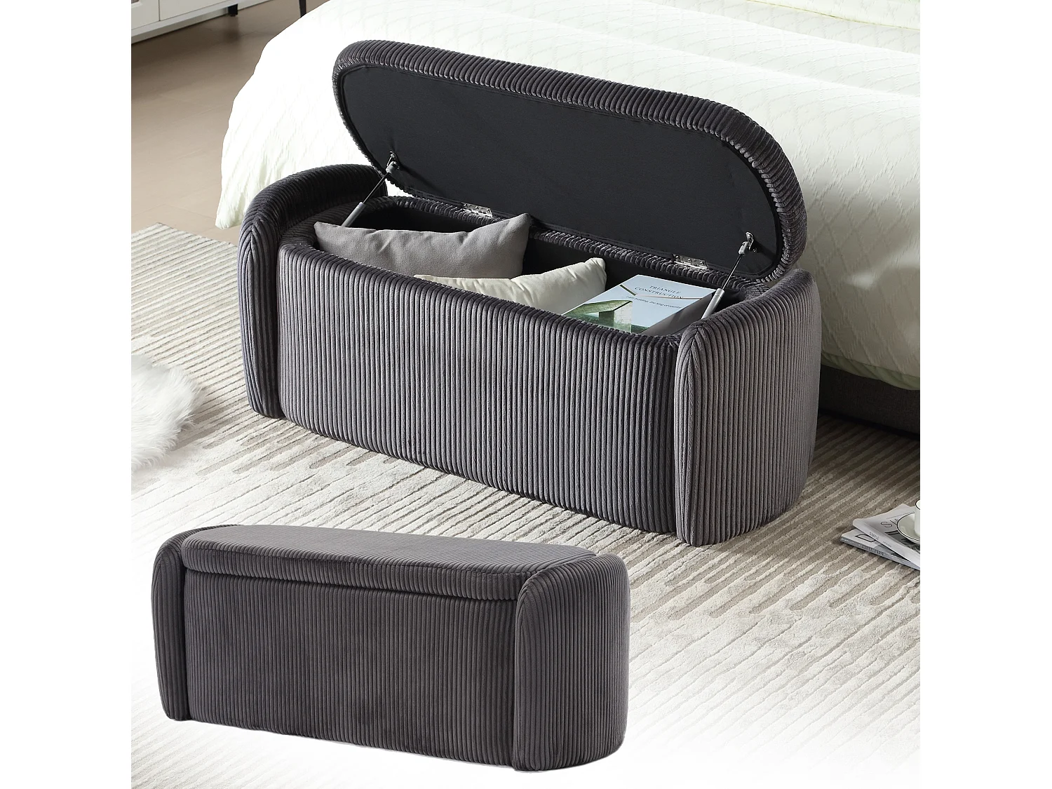 Tabouret de rangement en velours rayé, confortable et polyvalent, idéal pour le salon et la chambre,noir