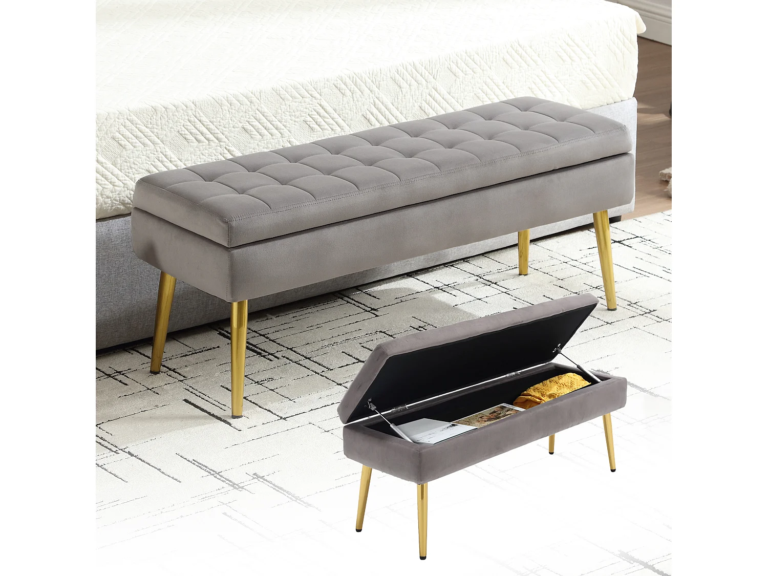 Opbergbank, 111x35x44,5cm, gouden metalen poten voor woonkamer, hal, slaapkamer, in groen fluweel