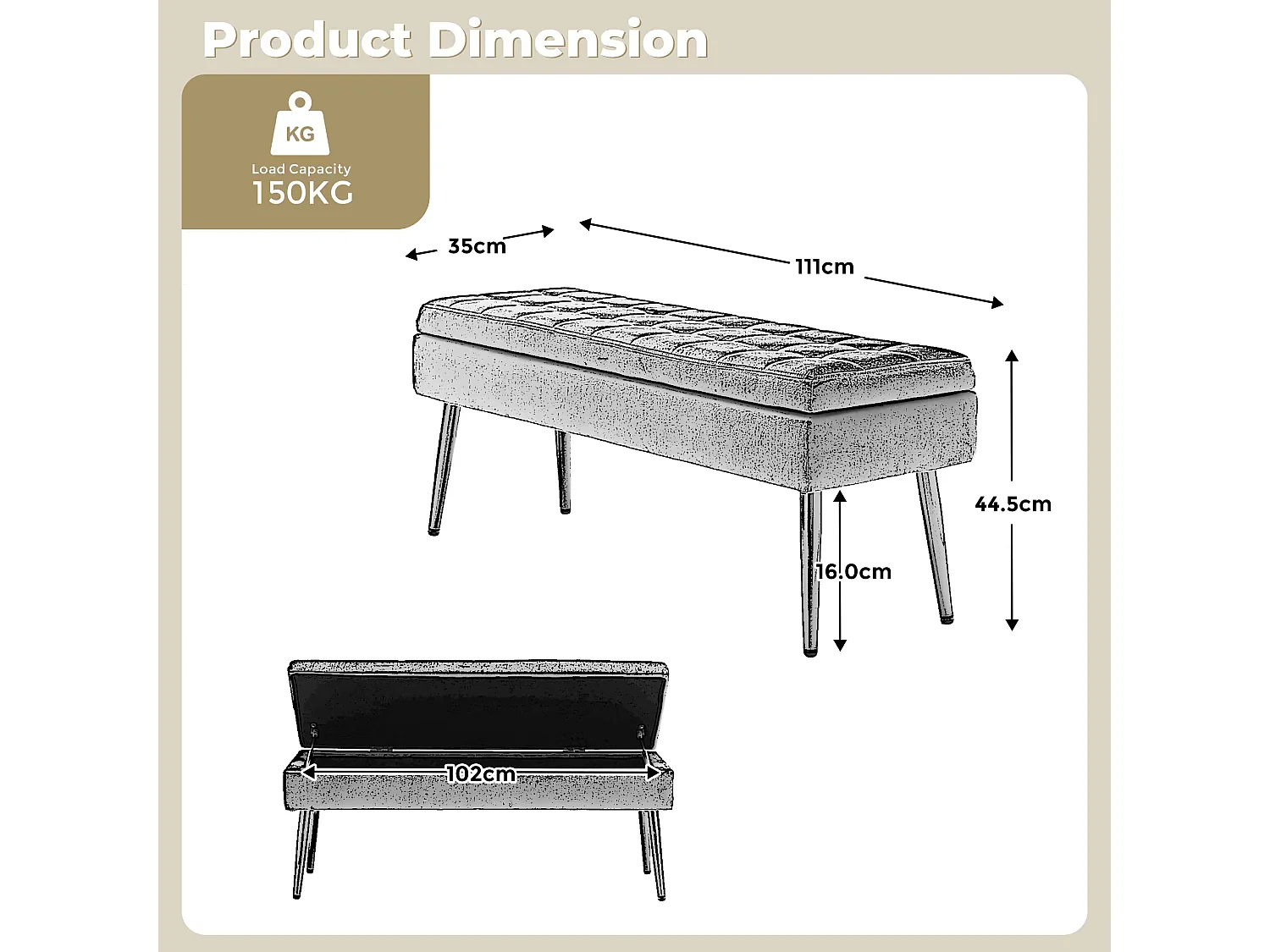 Opbergbank, 111x35x44,5cm, gouden metalen poten voor woonkamer, hal, slaapkamer, in groen fluweel