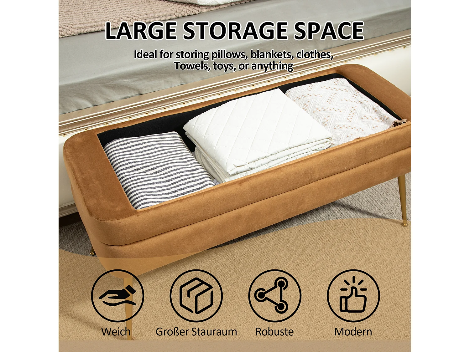 Banco de arrumação otomano estofado, pufe para entrada, sala de estar, quarto, veludo de pelúcia, 104x40x51cm, café