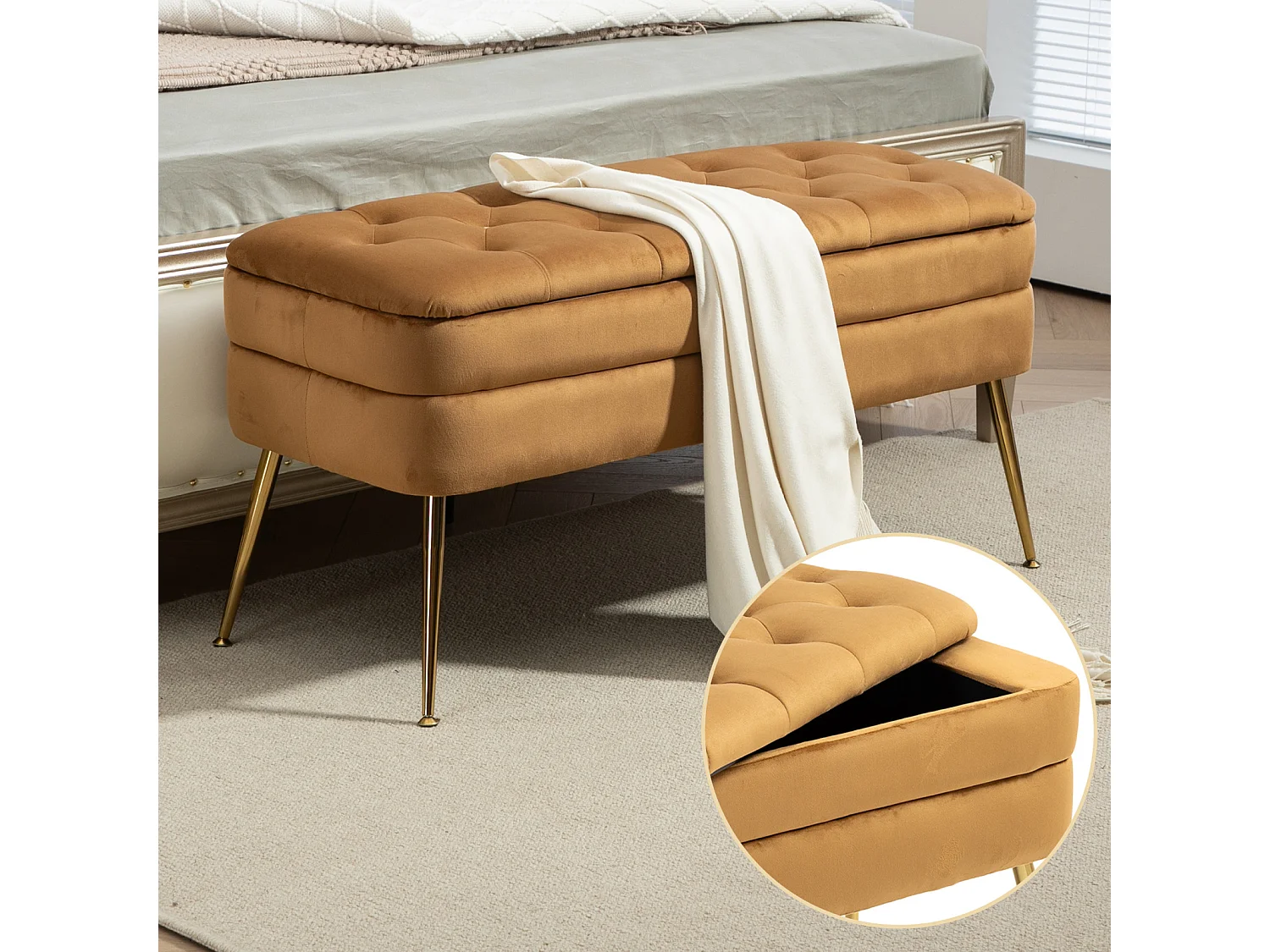 Banco de arrumação otomano estofado, pufe para entrada, sala de estar, quarto, veludo de pelúcia, 104x40x51cm, café