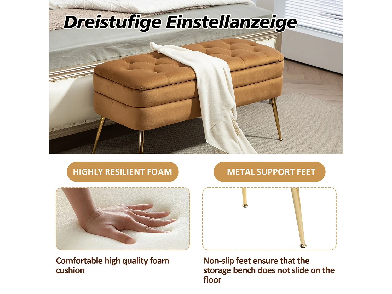 Banco de arrumação otomano estofado, pufe para entrada, sala de estar, quarto, veludo de pelúcia, 104x40x51cm, café