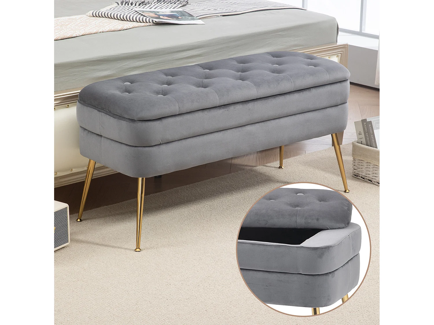 Banco de arrumação otomano estofado pufe para entrada sala de estar quarto veludo 104x40x51cm cinzento