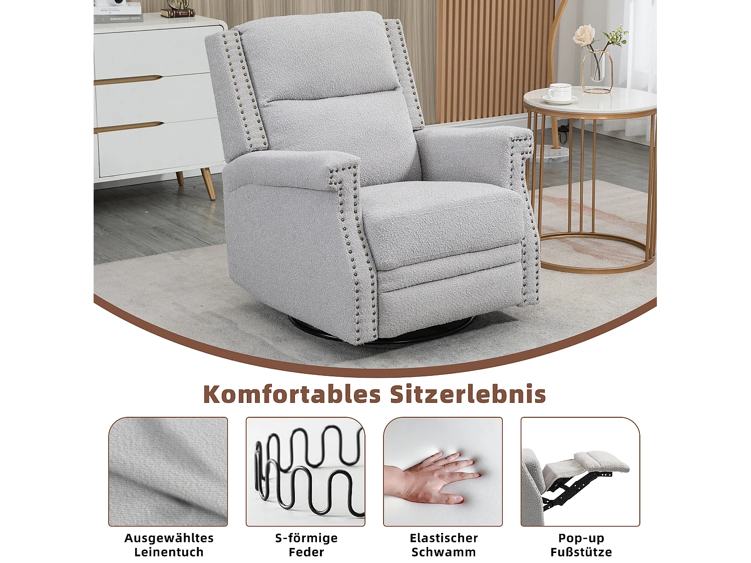 Fauteuil relax, pivotant à 360 degrés, pour la chambre d'enfant, l'hôtel, la chambre à coucher, le bureau et le salon, gris