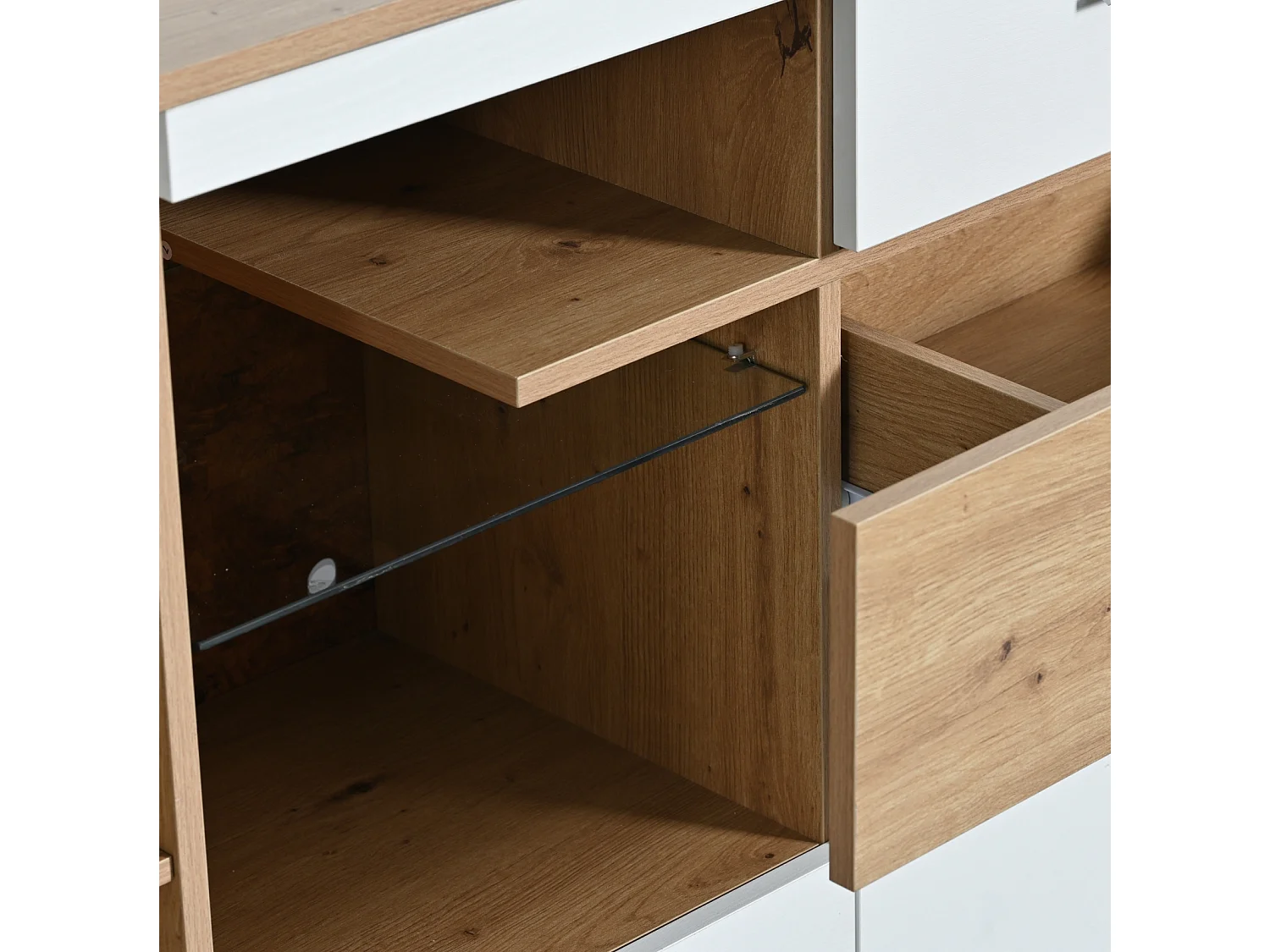 Buffet LED 160x40x77cm, armoire avec 2 portes, 4 tiroirs, étagère en verre, aspect bois meuble de salon armoire polyvalente - blanc