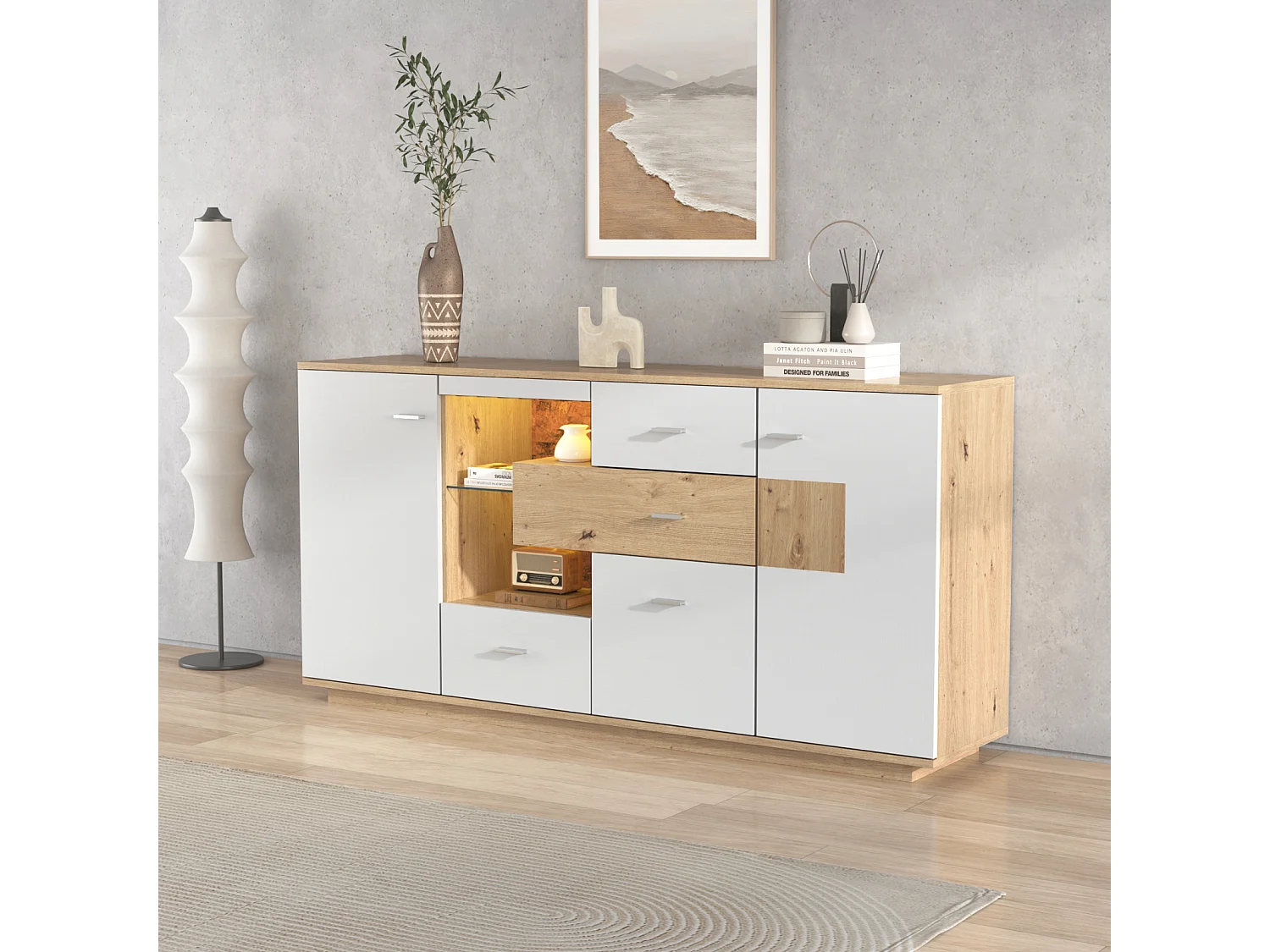 Aparador LED 160x40x77cm, Mueble con 2 Puertas, 4 Cajones, Estante de Cristal, Mueble de Salón Aspecto Madera Mueble Multiusos - Blanco