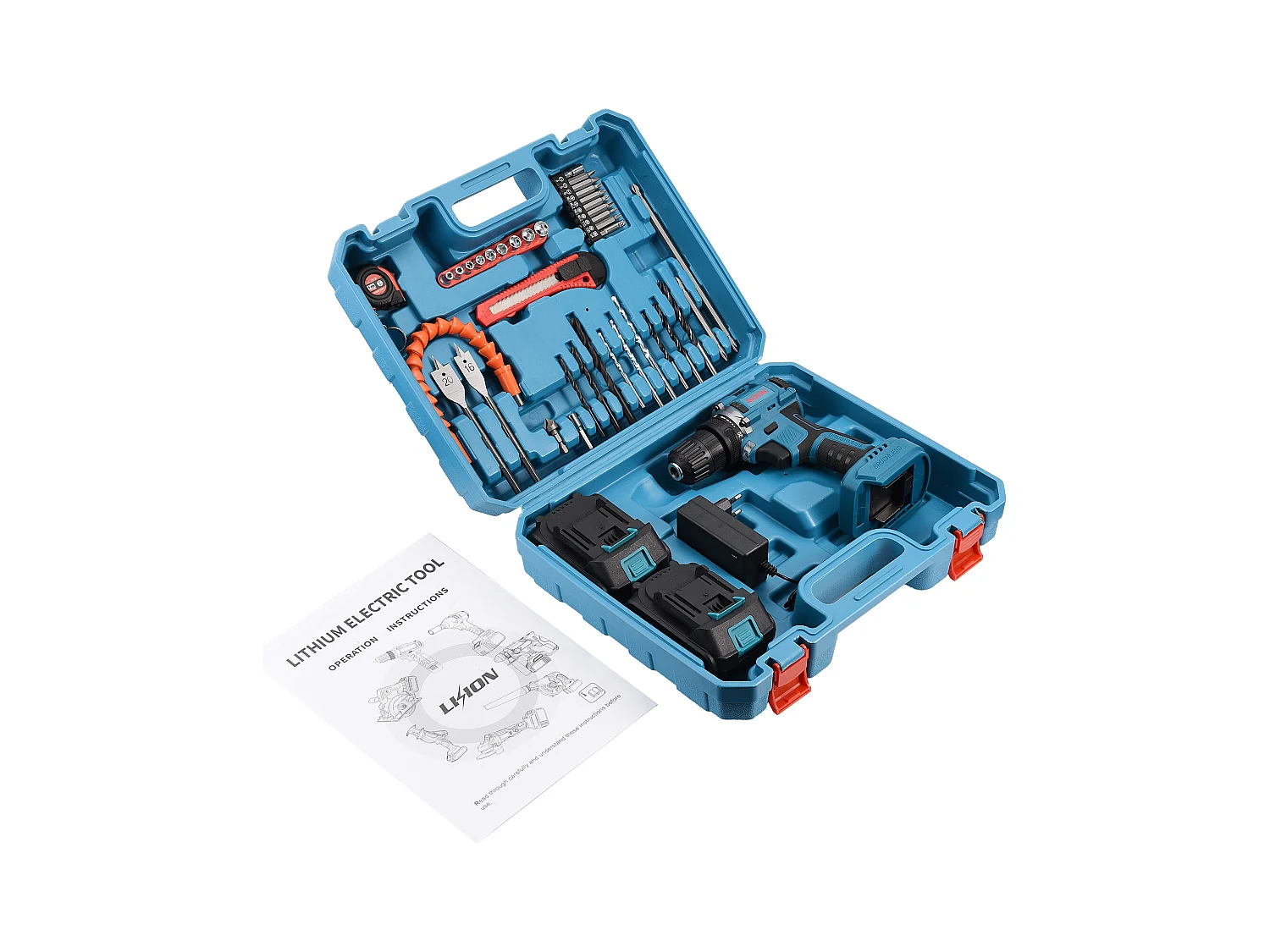 Perceuse visseuse sans fil 21V, 2 x 1500mAh batteries lithium, moteur brossé, 25+1 réglages de couple, 2 vitesses, 37 accessoires + Boîte plastique PP