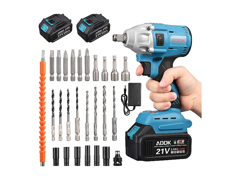 Chave de Impacto, Bateria 21V 3.0Ah, Chave de Impacto Sem Escova, Parafusos de Roda, Caixa de Acessórios 25 Peças – Azul