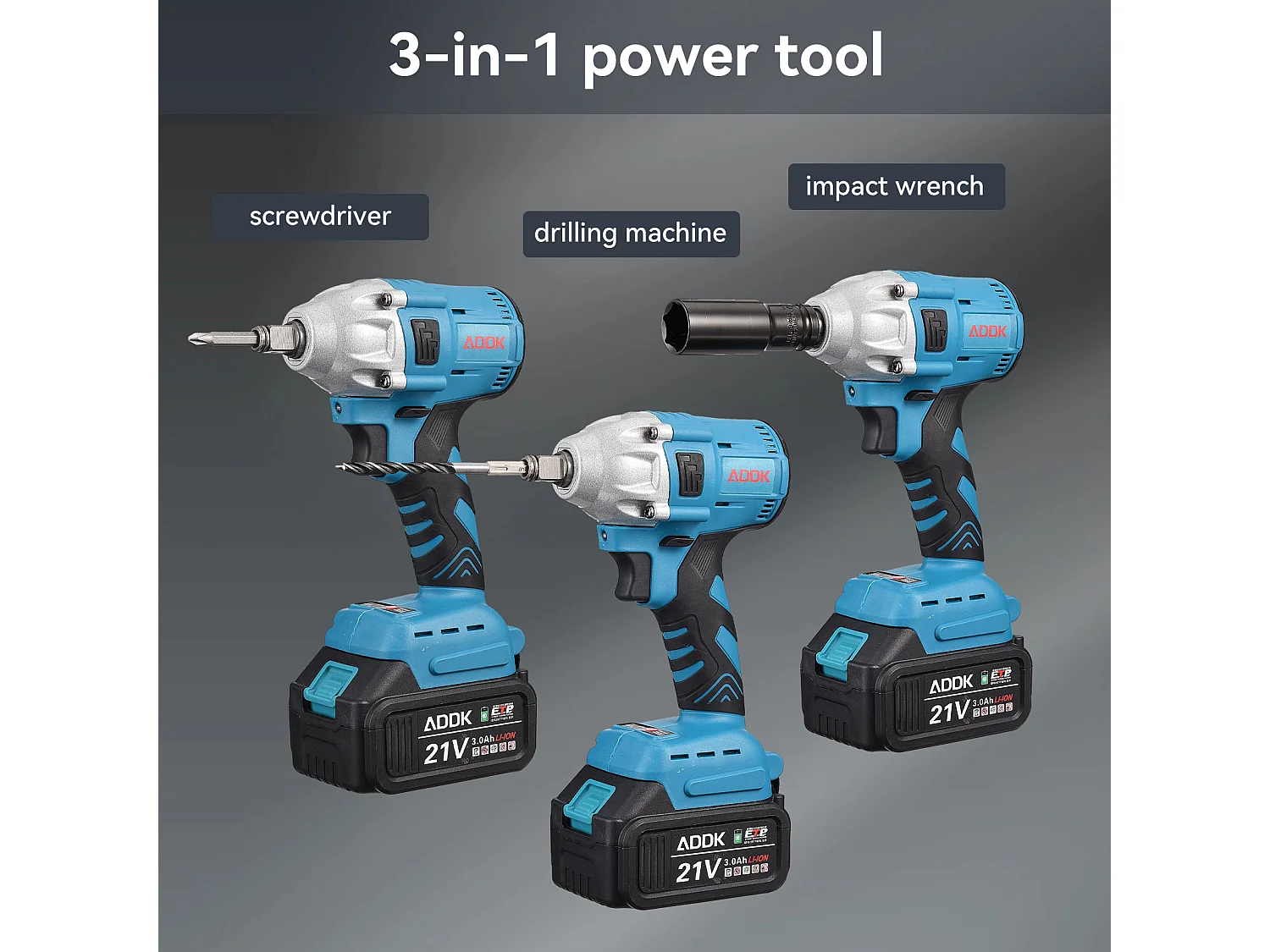 Llave de impacto, batería de 21 V 3,0 Ah, llave de impacto sin escobillas, pernos para ruedas, caja de accesorios de 25 piezas, color azul