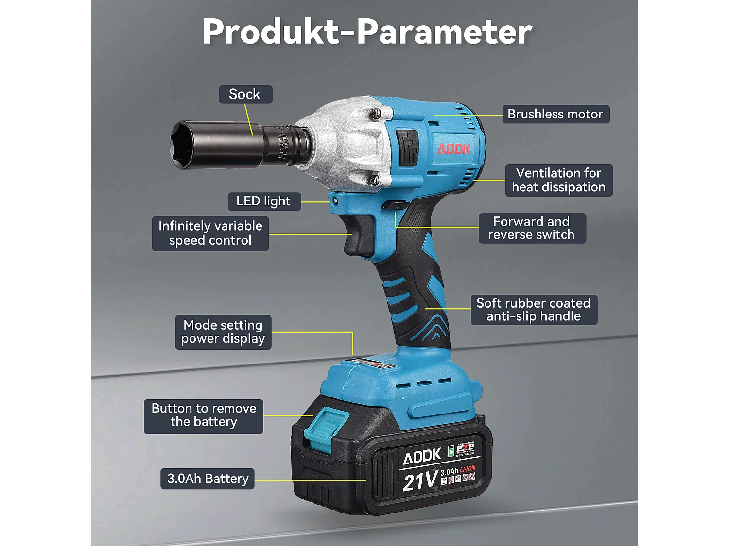 Llave de impacto, batería de 21 V 3,0 Ah, llave de impacto sin escobillas, pernos para ruedas, caja de accesorios de 25 piezas, color azul