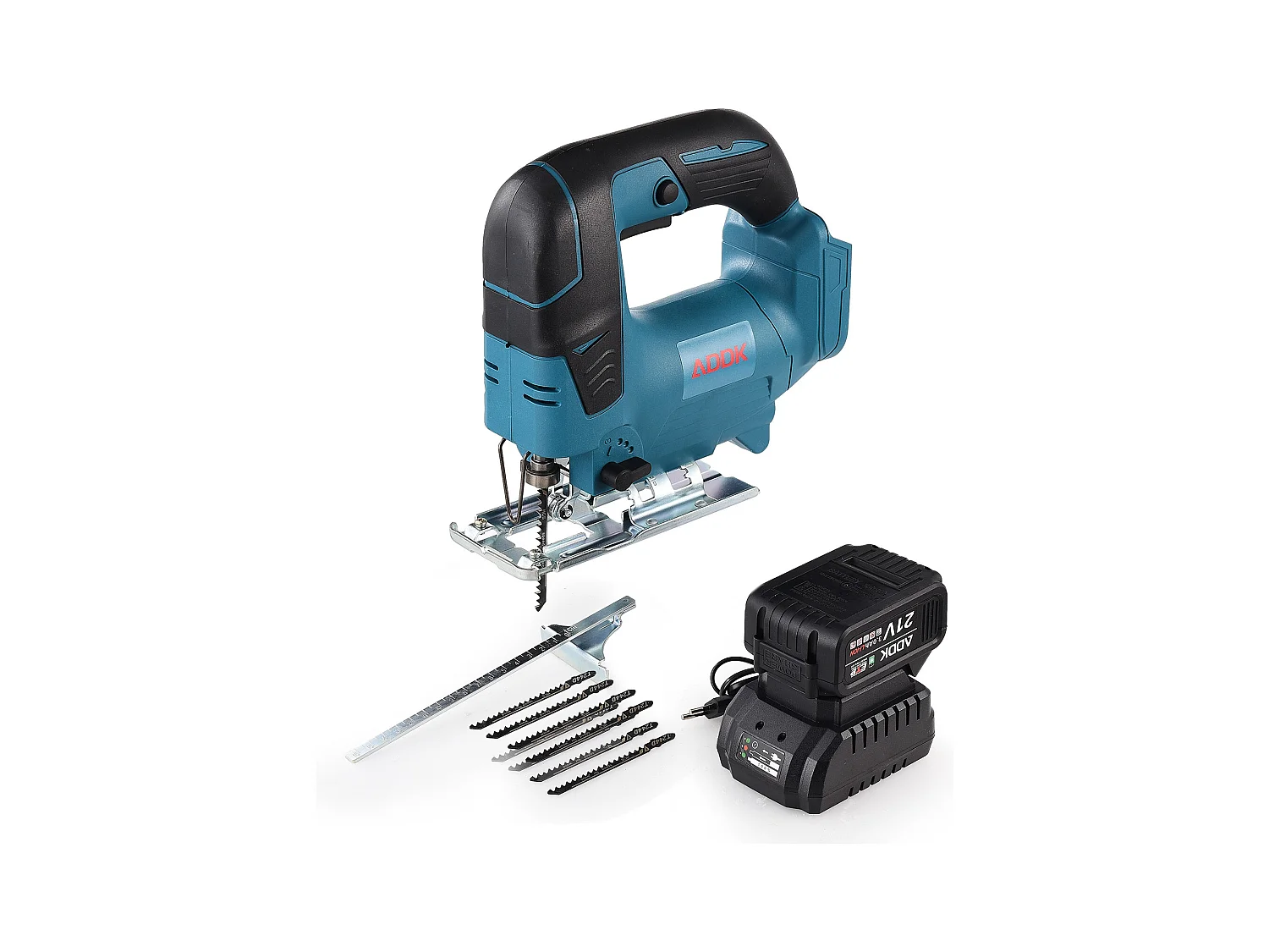 Scie sauteuse sans fil 21V Brushless + 1x Batterie 3,0 Ah + Chargeur + boîte en plastique PP + Set de lame de scie sauteuse, 5 pcs.