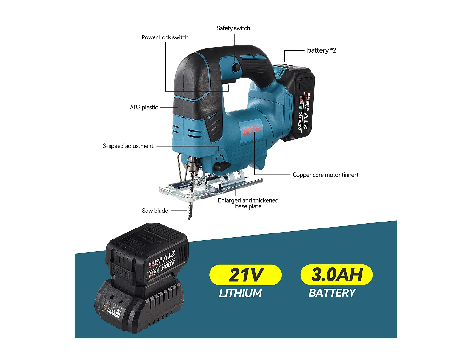 Scie sauteuse sans fil 21V Brushless + 1x Batterie 3,0 Ah + Chargeur + boîte en plastique PP + Set de lame de scie sauteuse, 5 pcs.
