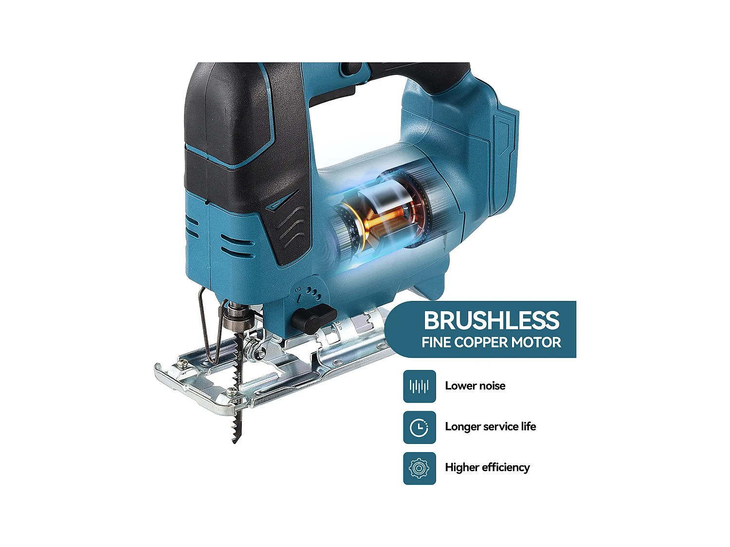 Scie sauteuse sans fil 21V Brushless + 1x Batterie 3,0 Ah + Chargeur + boîte en plastique PP + Set de lame de scie sauteuse, 5 pcs.