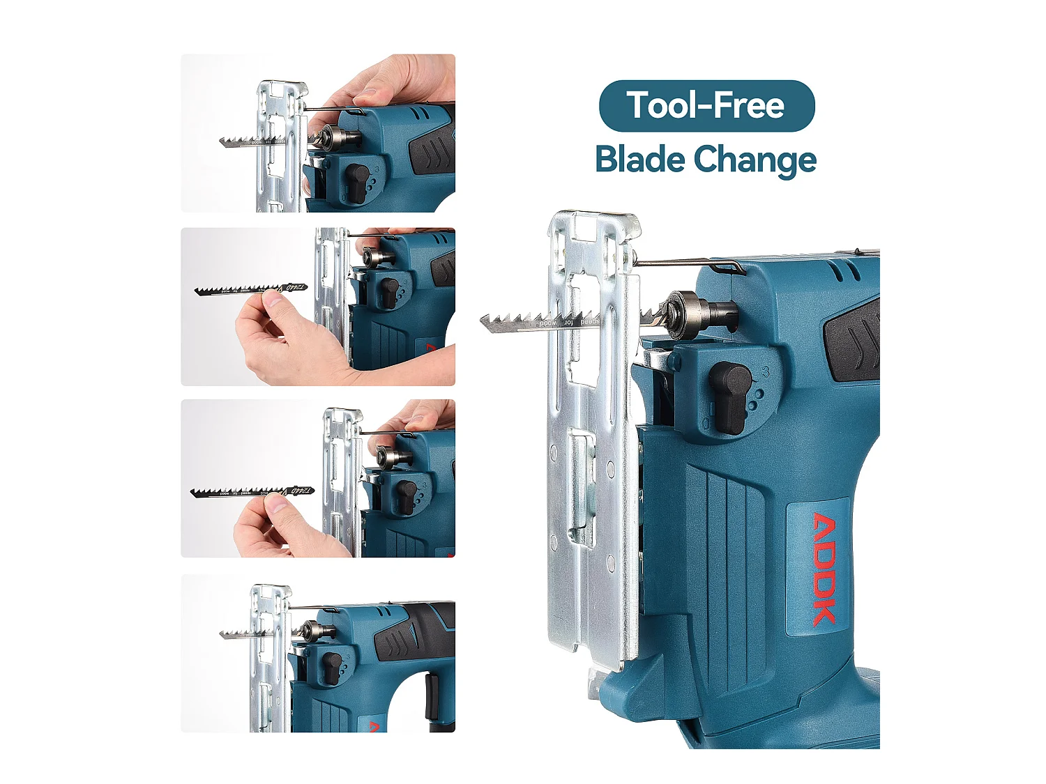 Scie sauteuse sans fil 21V Brushless + 1x Batterie 3,0 Ah + Chargeur + boîte en plastique PP + Set de lame de scie sauteuse, 5 pcs.