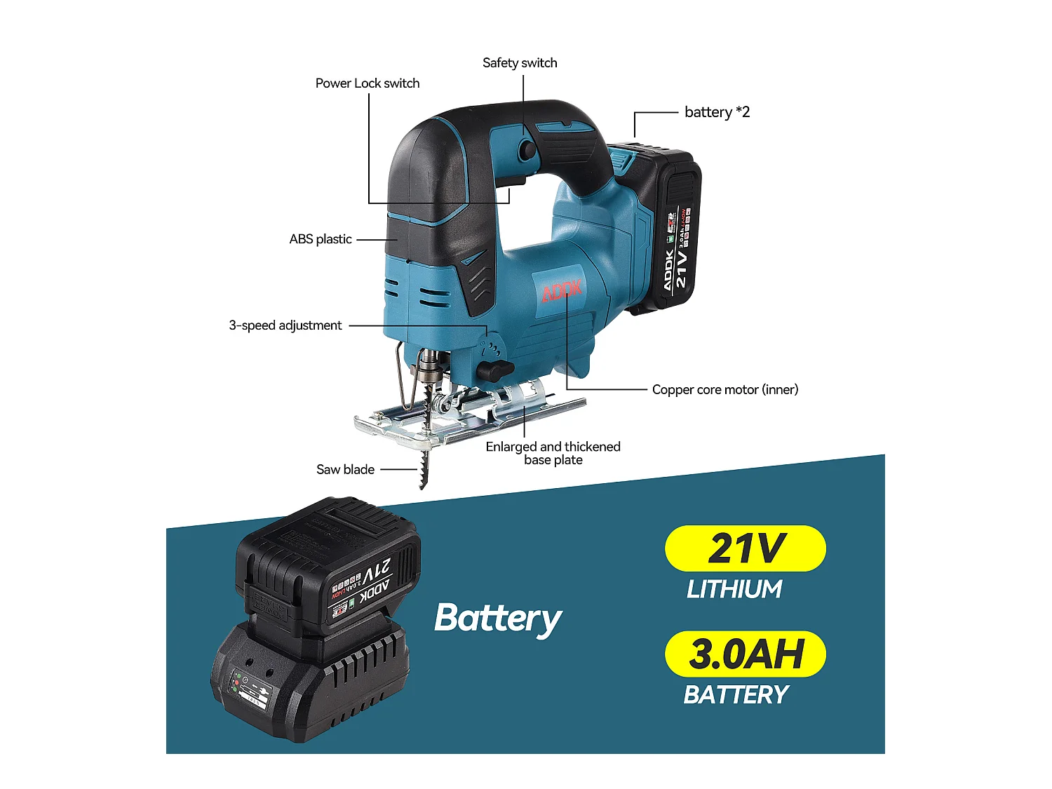 Scie sauteuse sans fil 21V Brushless + 1x Batterie 3,0 Ah + Chargeur + boîte en plastique PP + Set de lame de scie sauteuse, 5 pcs.