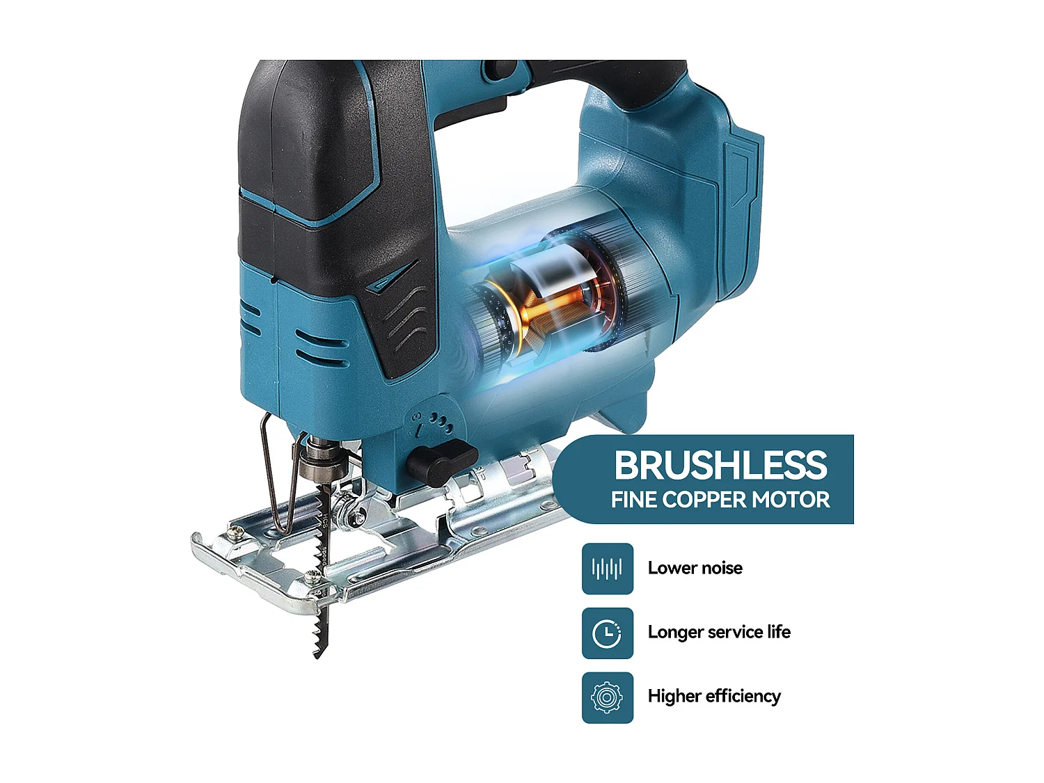 Scie sauteuse sans fil 21V Brushless + 1x Batterie 3,0 Ah + Chargeur + boîte en plastique PP + Set de lame de scie sauteuse, 5 pcs.