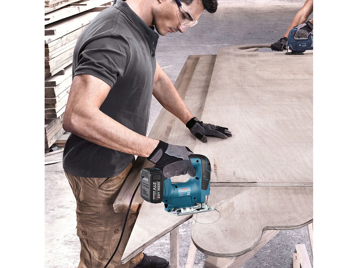 Scie sauteuse sans fil 21V Brushless + 1x Batterie 3,0 Ah + Chargeur + boîte en plastique PP + Set de lame de scie sauteuse, 5 pcs.