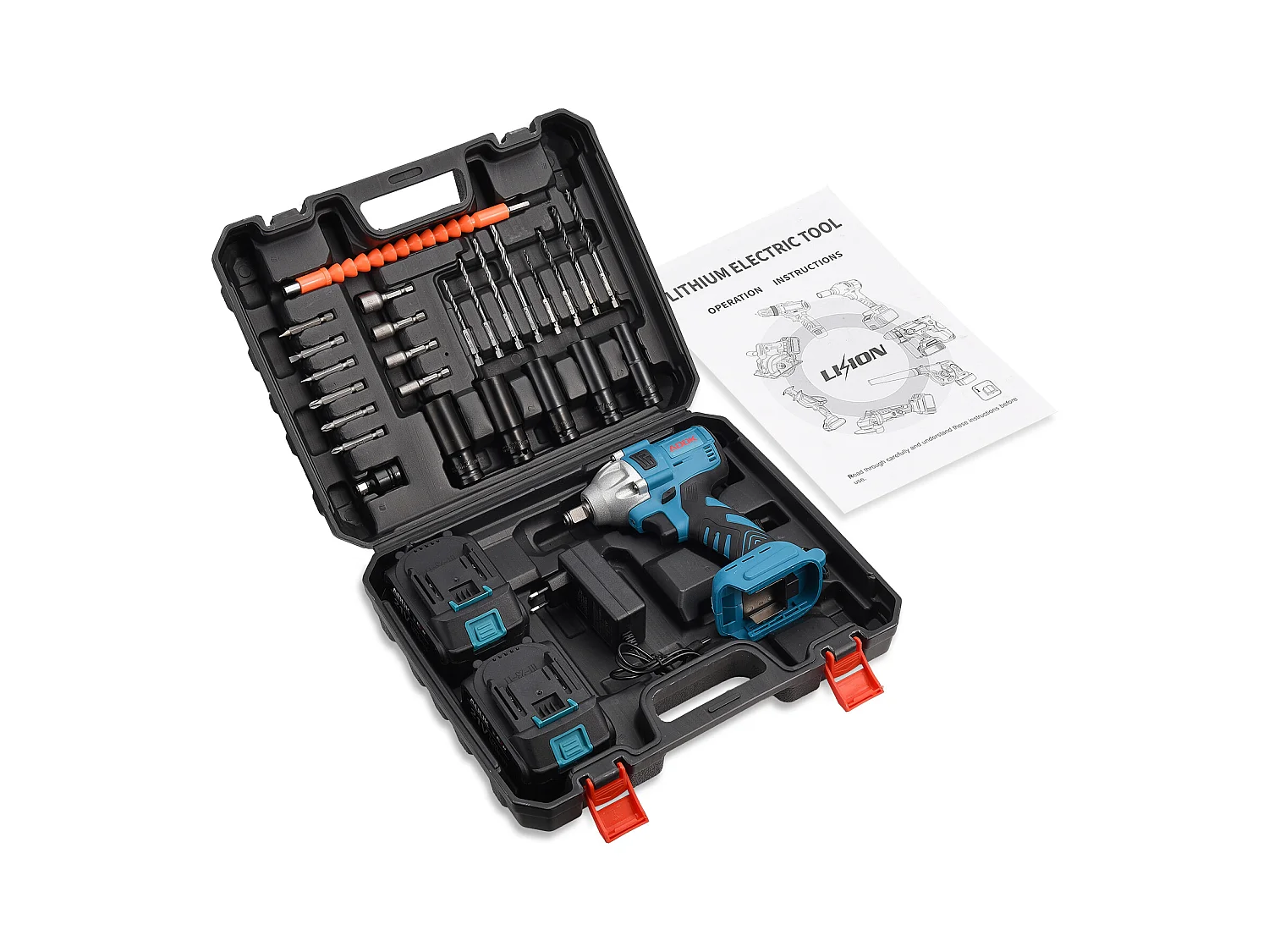 Clé à chocs, batterie 21 V 3,0 Ah, clé à chocs sans balais, boulons de roue, boîte de 25 accessoires – Bleu