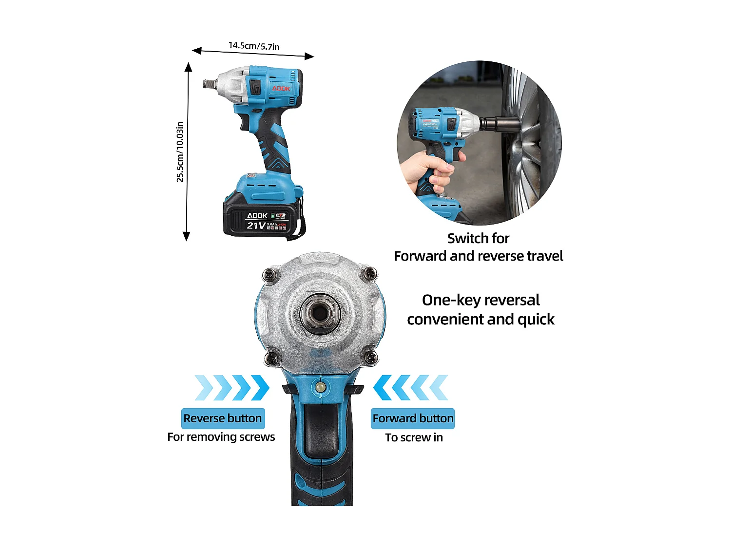 Llave de impacto, batería de 21 V 3,0 Ah, llave de impacto sin escobillas, pernos para ruedas, caja de accesorios de 25 piezas, color azul