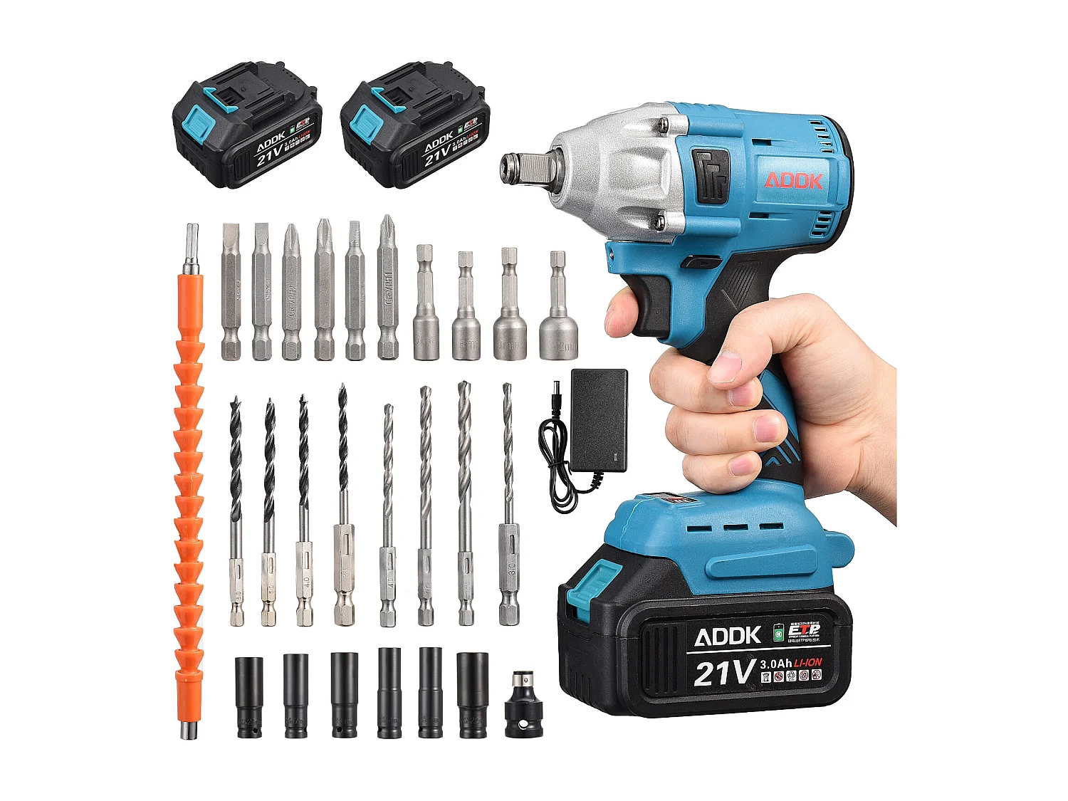 Clé à chocs, batterie 21 V 3,0 Ah, clé à chocs sans balais, boulons de roue, boîte de 25 accessoires – Bleu