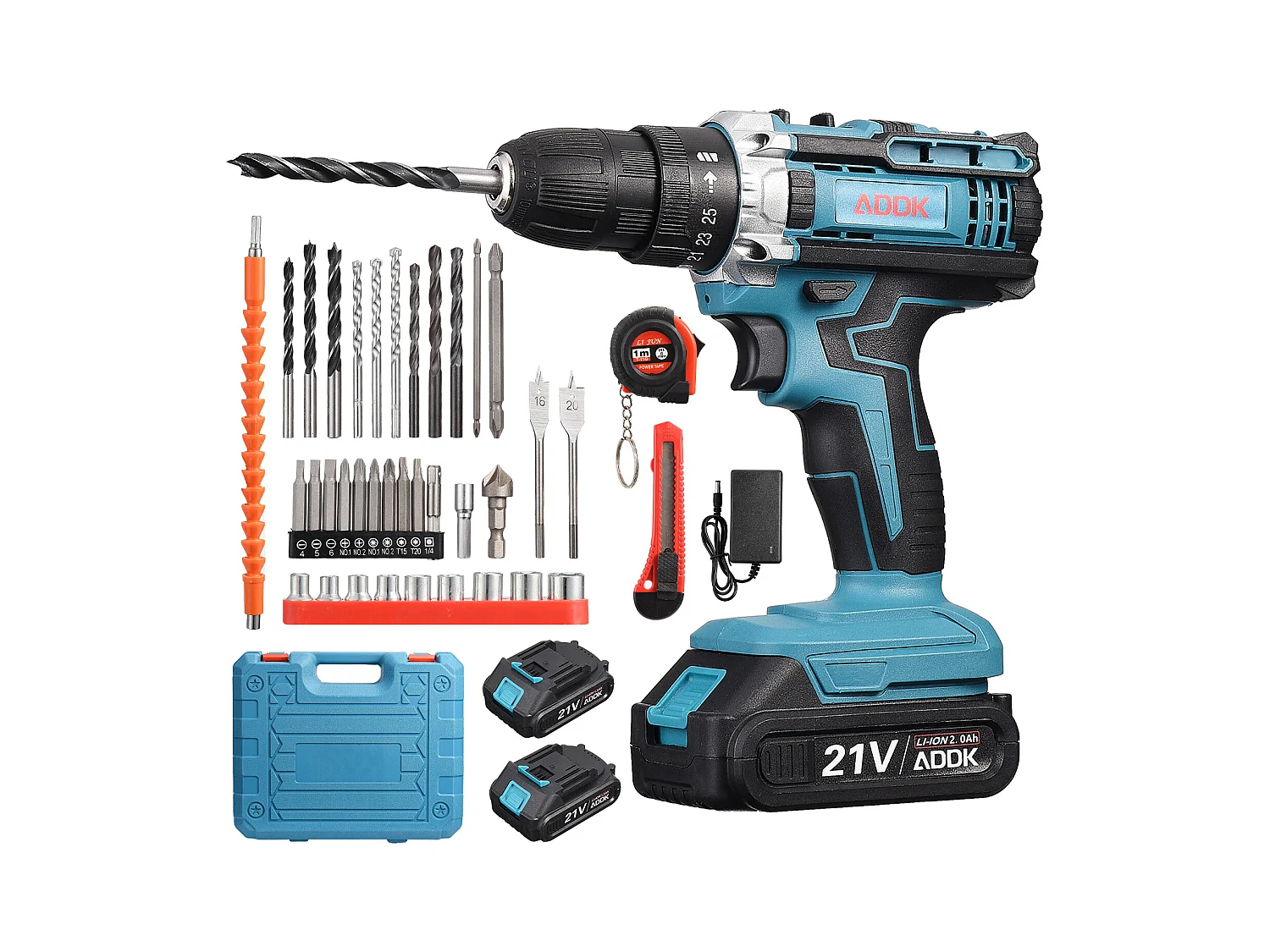 Perceuse visseuse sans fil 21V, 2 x 2000mAh batteries lithium, moteur brossé, 25+1 réglages de couple, 2 vitesses, 37 accessoires + Boîte plastique PP