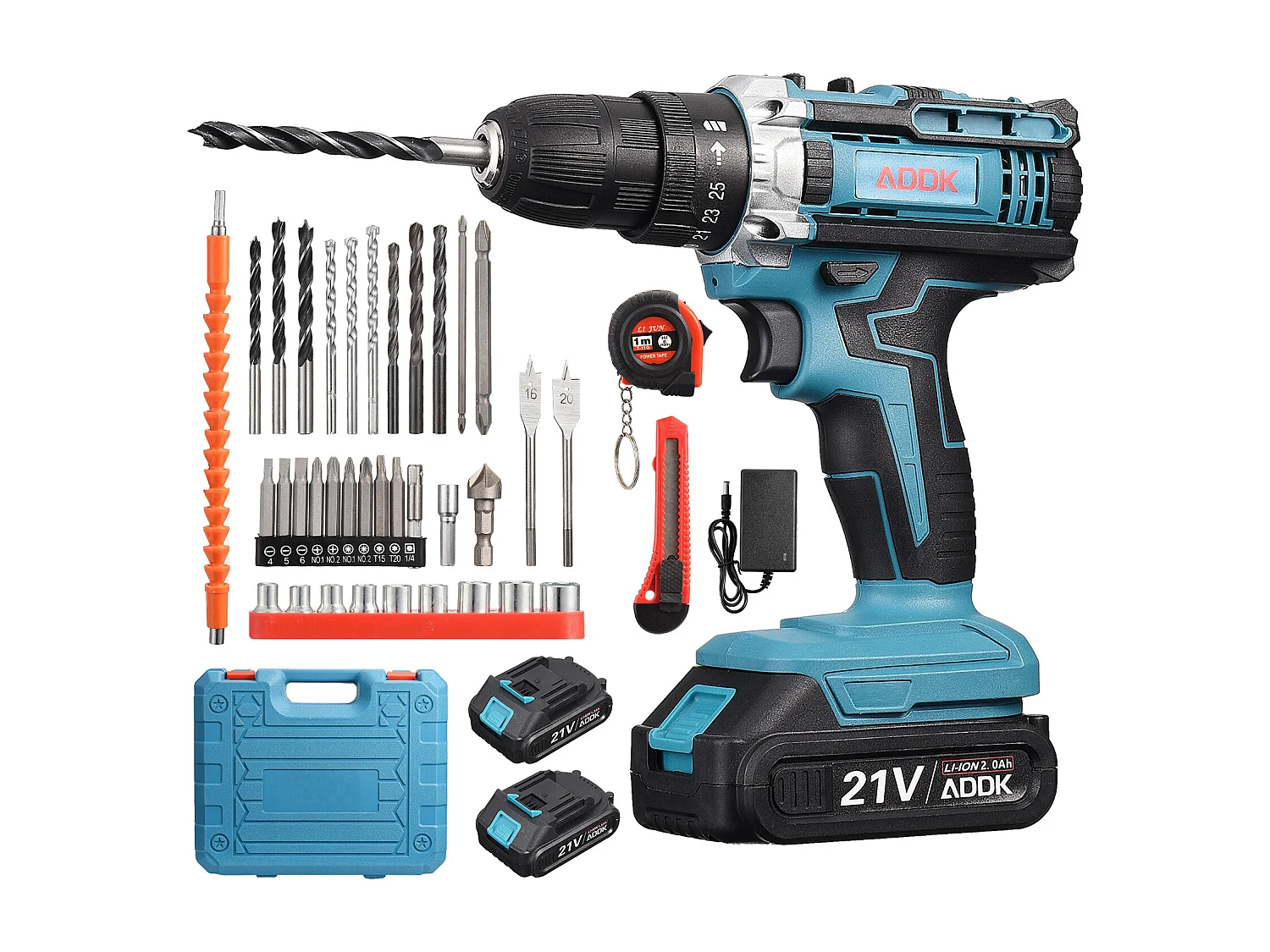 21V snoerloze boormachine, 2 x 2000mAh lithiumbatterijen, borstelmotor, 25+1 koppelinstellingen, 2 snelheden, 37 accessoires + PP-kunststof doos