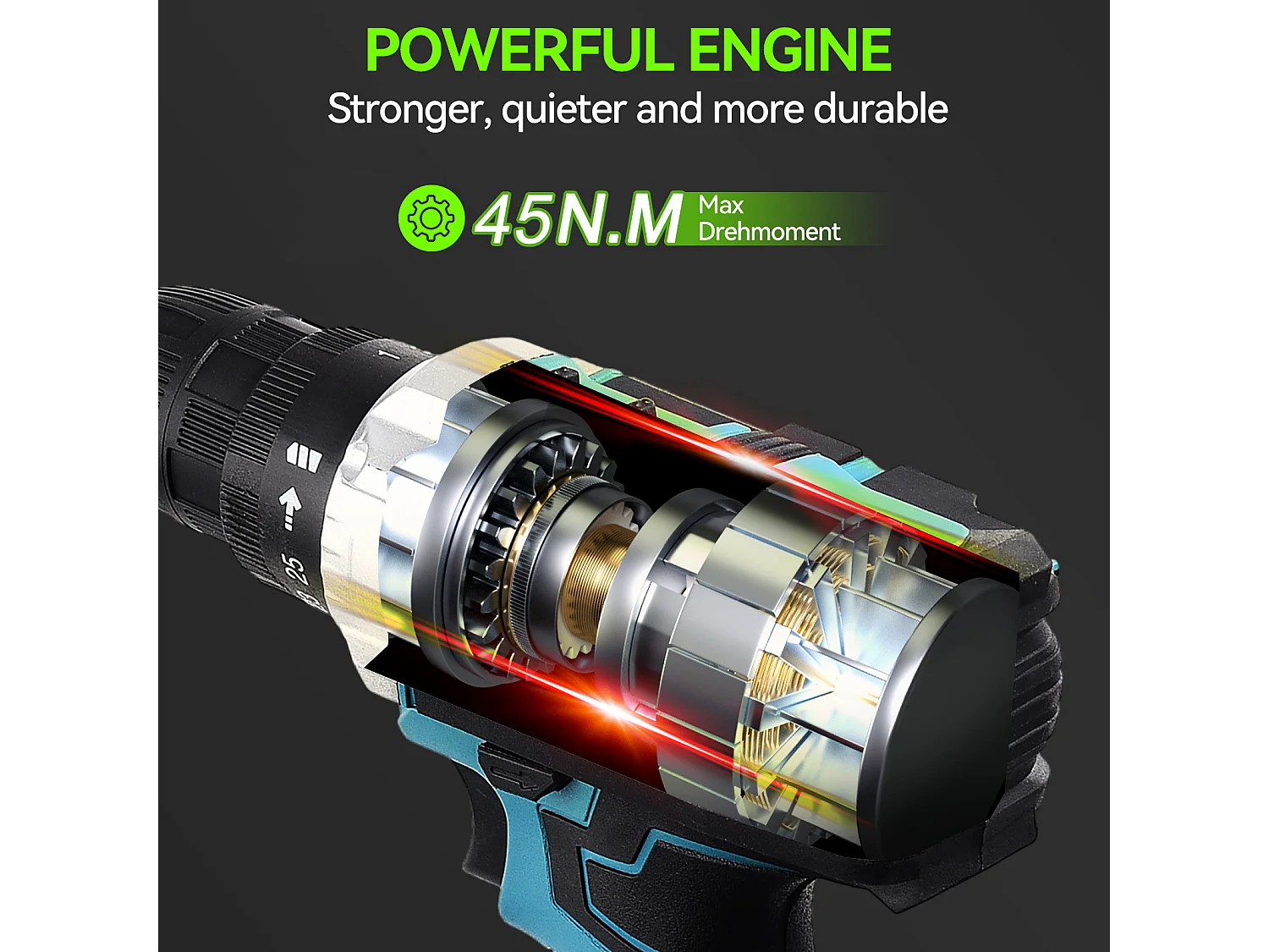 21V snoerloze boormachine, 2 x 2000mAh lithiumbatterijen, borstelmotor, 25+1 koppelinstellingen, 2 snelheden, 37 accessoires + PP-kunststof doos