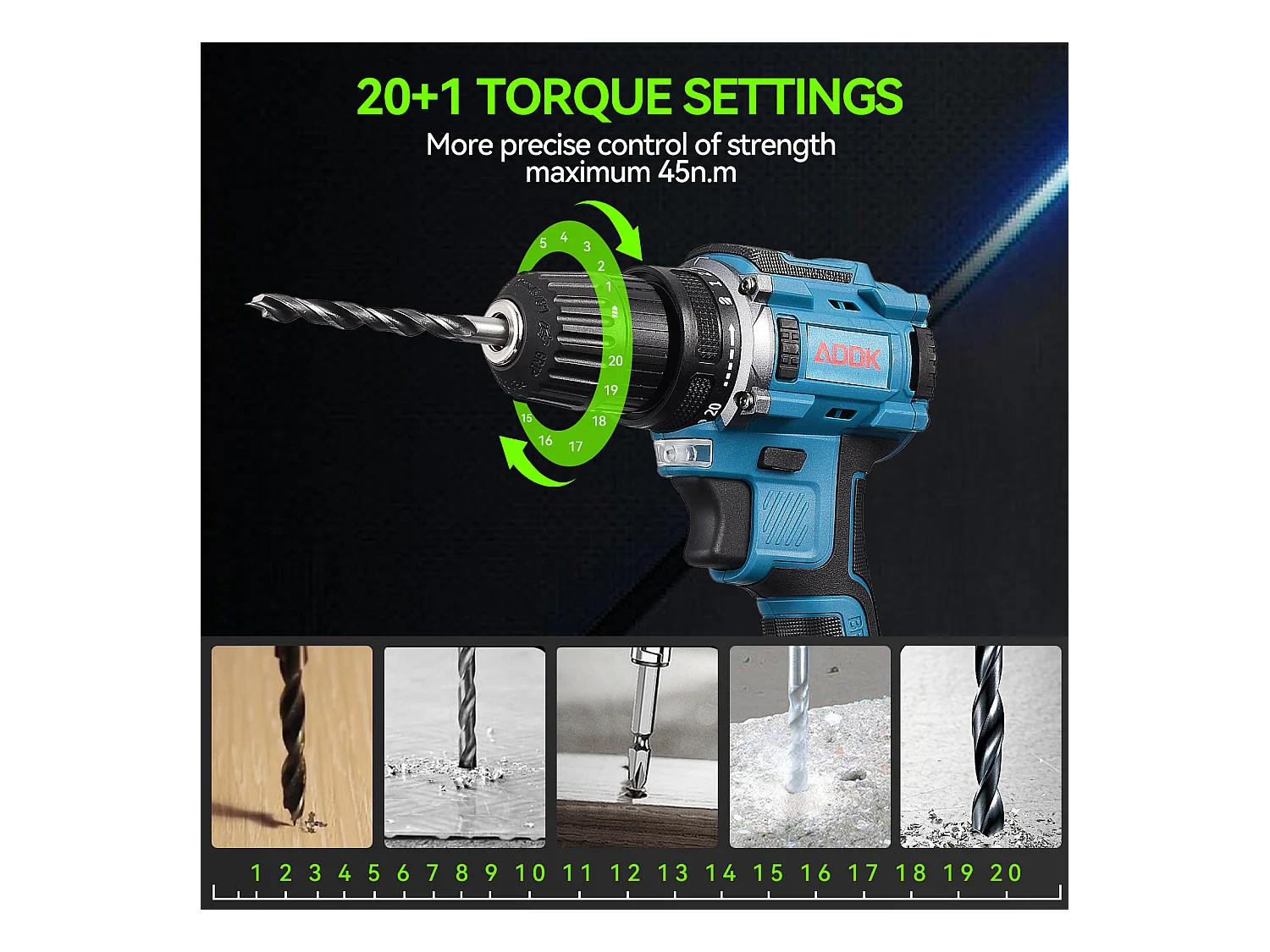 21V snoerloze boormachine, 2 x 1500mAh lithiumbatterijen, borstelmotor, 25+1 koppelinstellingen, 2 snelheden, 37 accessoires + PP-kunststof doos