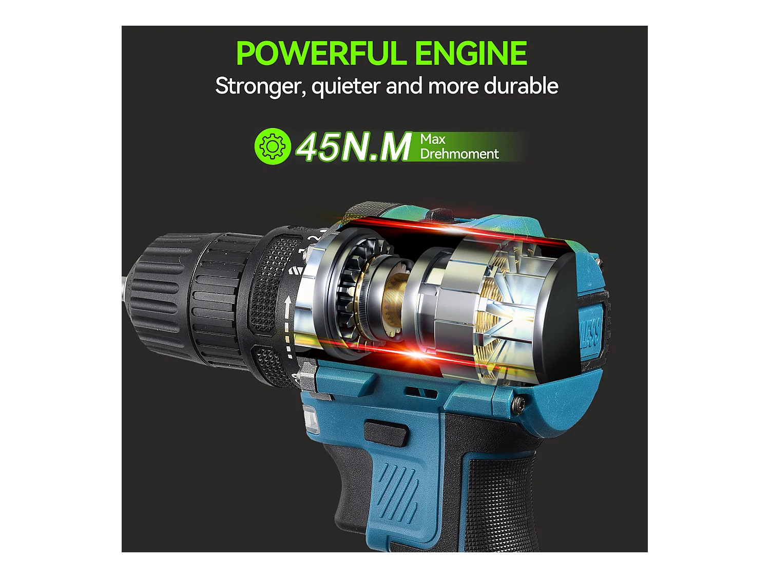 21V snoerloze boormachine, 2 x 1500mAh lithiumbatterijen, borstelmotor, 25+1 koppelinstellingen, 2 snelheden, 37 accessoires + PP-kunststof doos