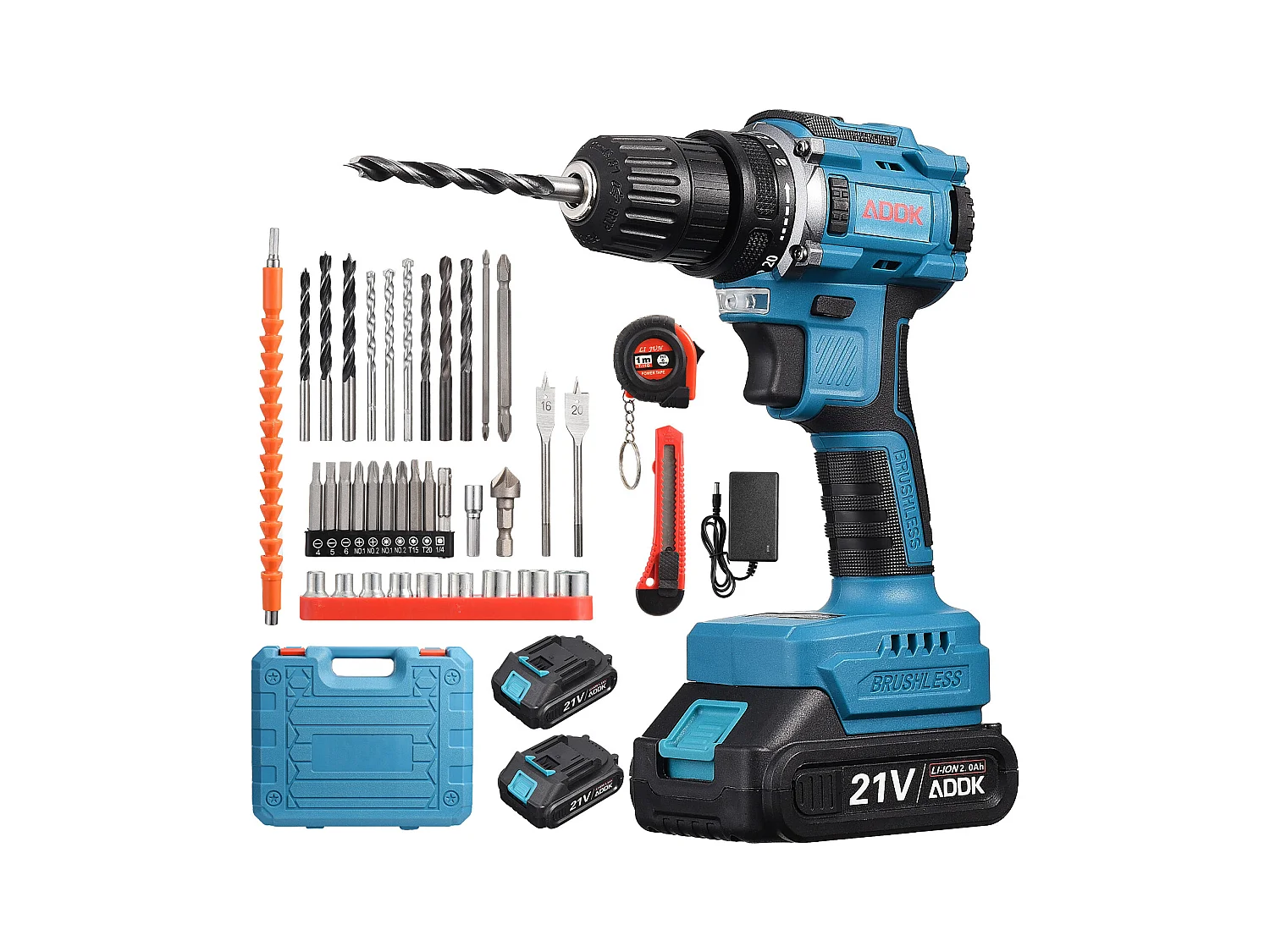 21V snoerloze boormachine, 2 x 1500mAh lithiumbatterijen, borstelmotor, 25+1 koppelinstellingen, 2 snelheden, 37 accessoires + PP-kunststof doos