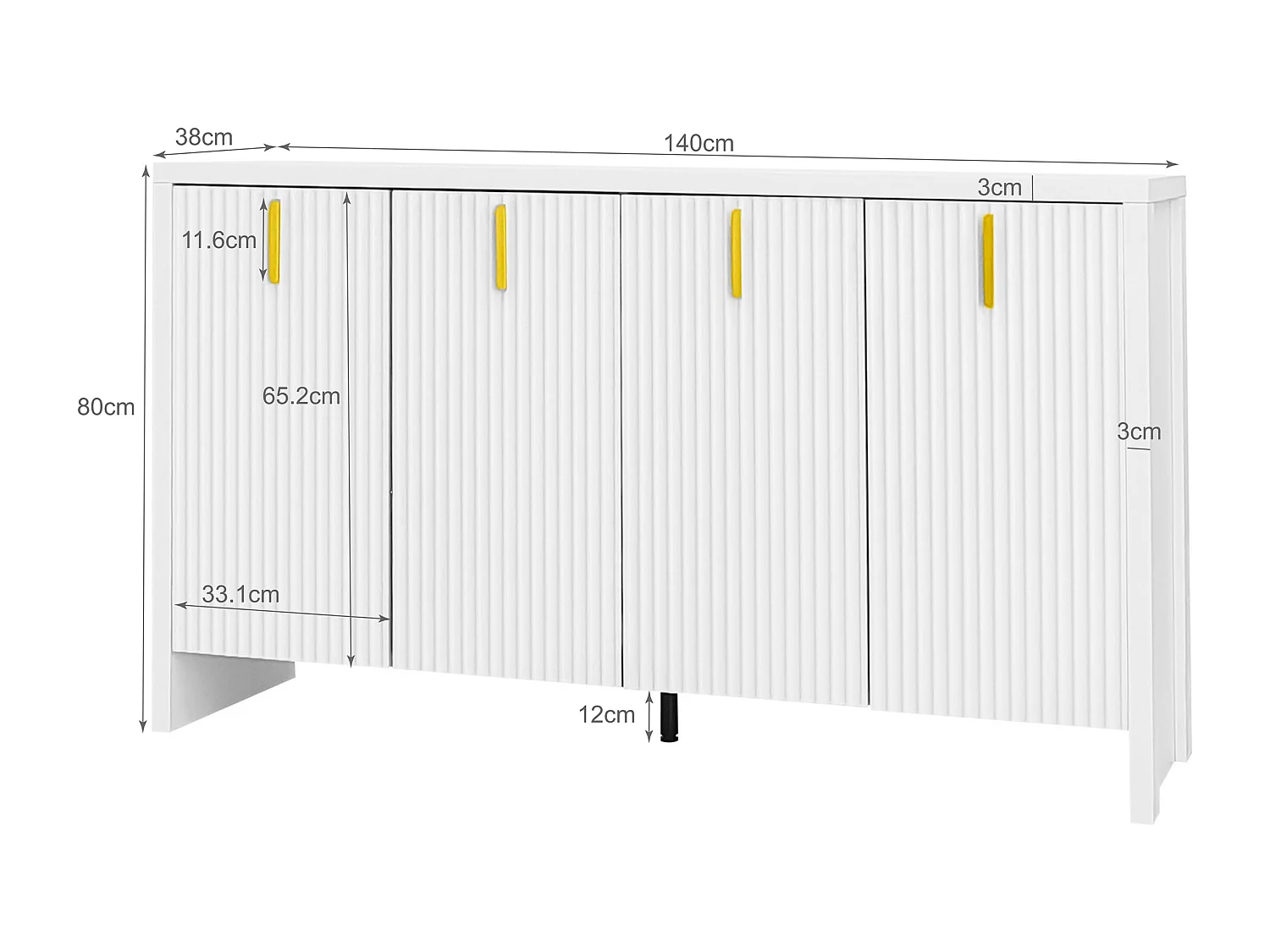 Dressoir 140x80x38cm, met 4 deuren, gouden handgrepen en verstelbare verdelers, elegant design, spaanplaat, wit