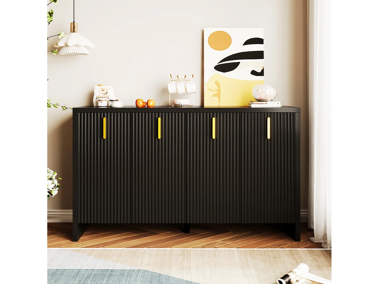 Buffet 140x80x38cm, avec 4 portes, poignées dorées et séparateurs réglables, design élégant, panneaux de particules, noir