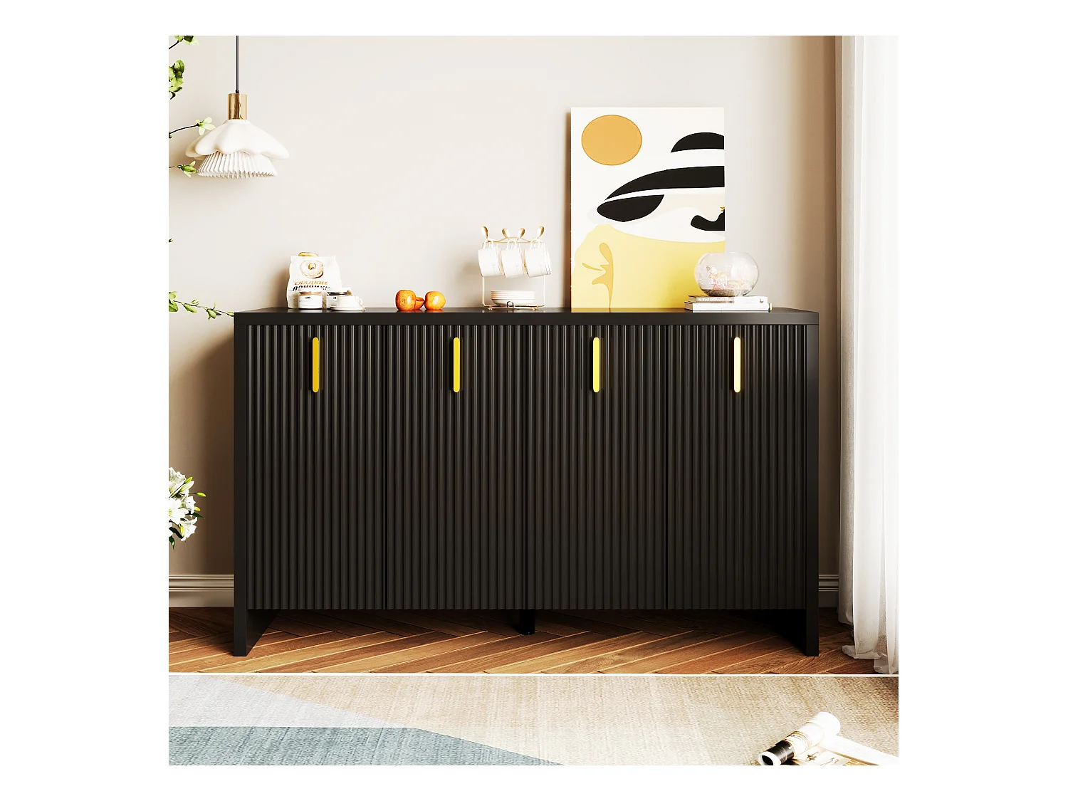 Buffet 140x80x38cm, avec 4 portes, poignées dorées et séparateurs réglables, design élégant, panneaux de particules, noir