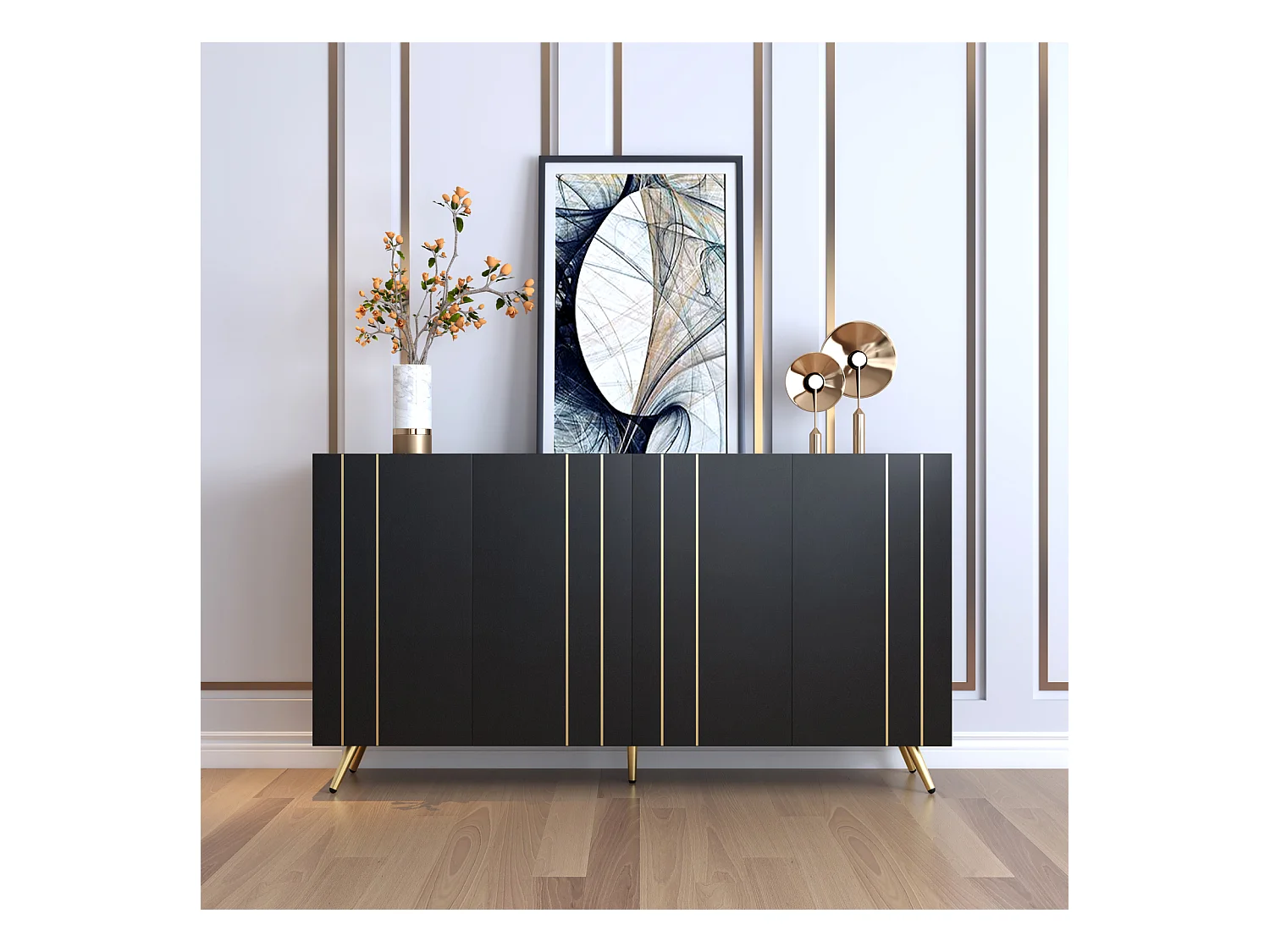 Buffet avec 4 portes - 160x38x80cm - avec étagères réglables et bandes métalliques dorées - armoire haute noir
