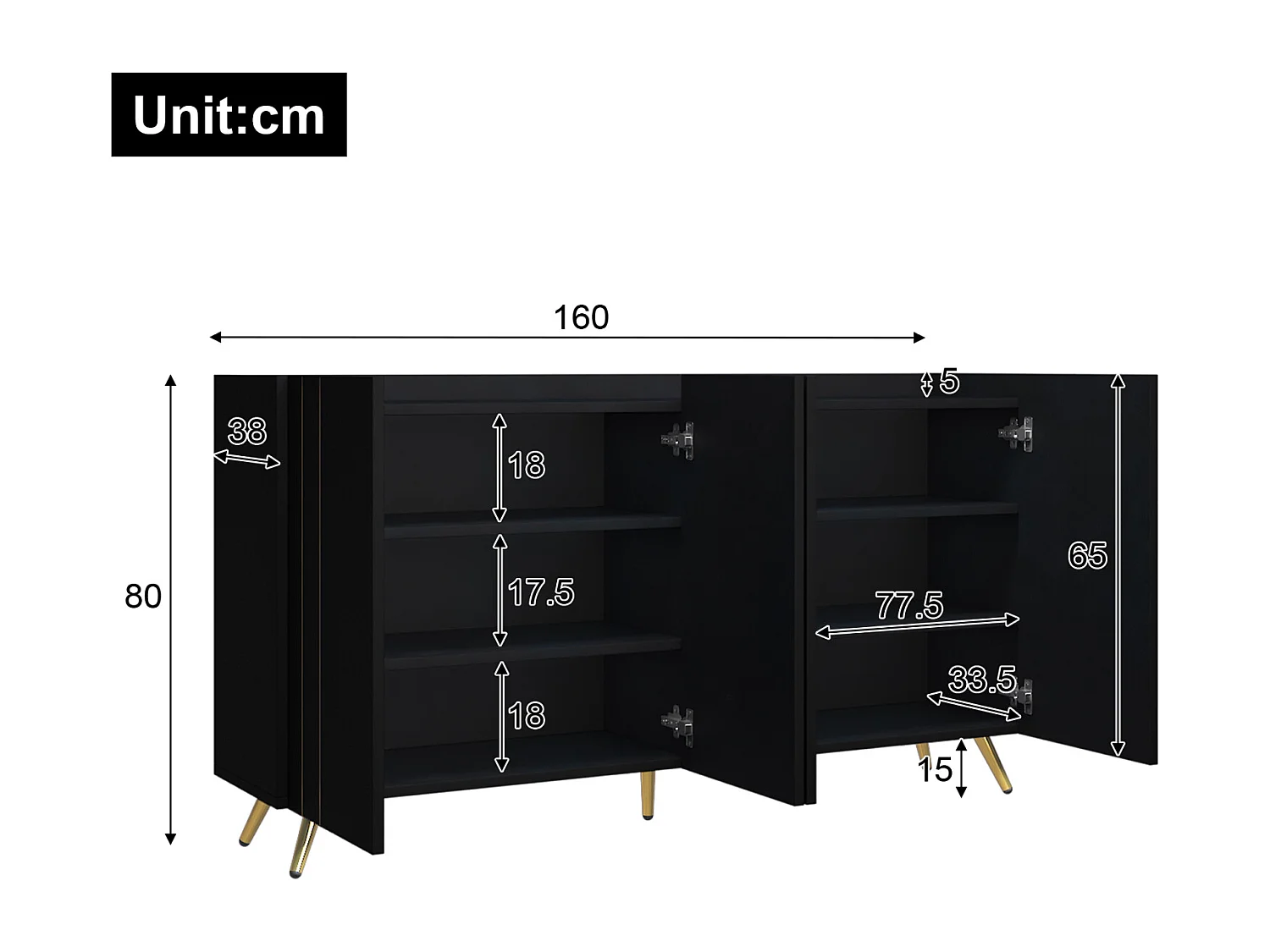 Buffet avec 4 portes - 160x38x80cm - avec étagères réglables et bandes métalliques dorées - armoire haute noir