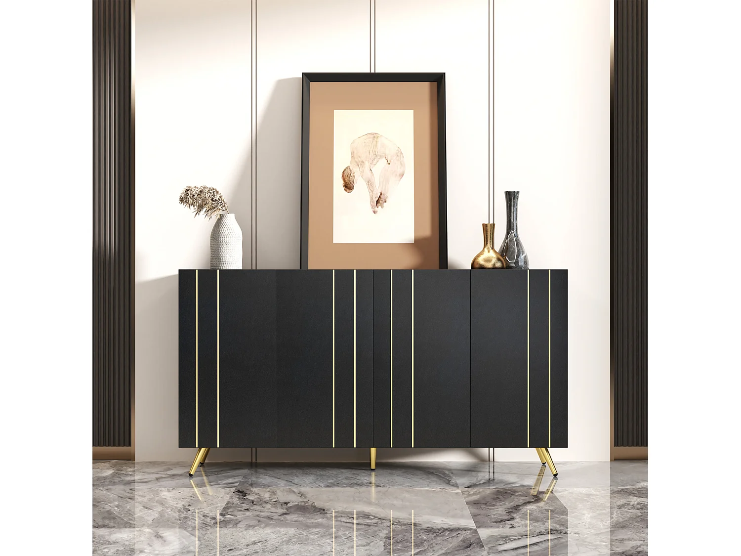 Buffet avec 4 portes - 160x38x80cm - avec étagères réglables et bandes métalliques dorées - armoire haute noir