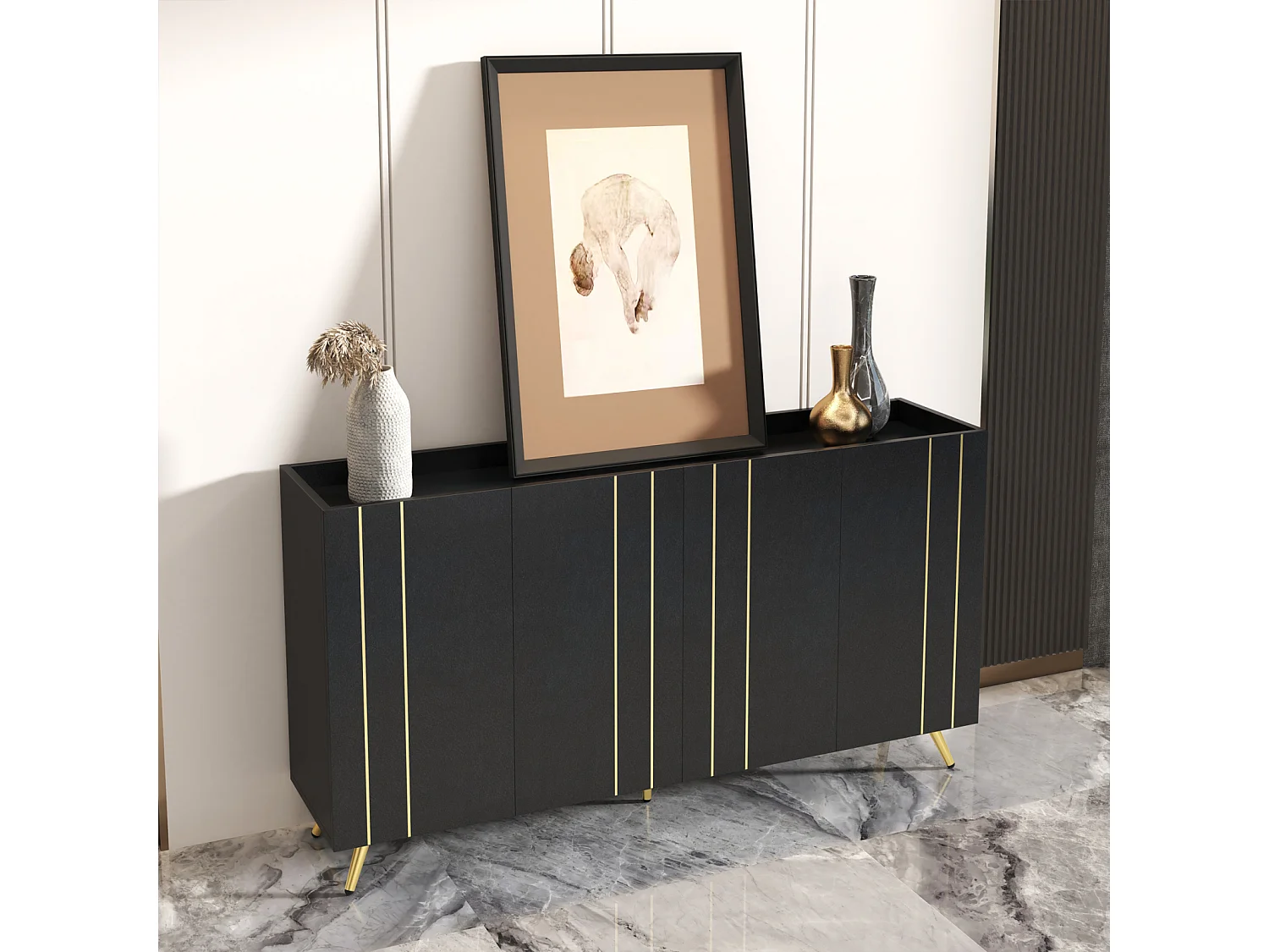 Buffet avec 4 portes - 160x38x80cm - avec étagères réglables et bandes métalliques dorées - armoire haute noir