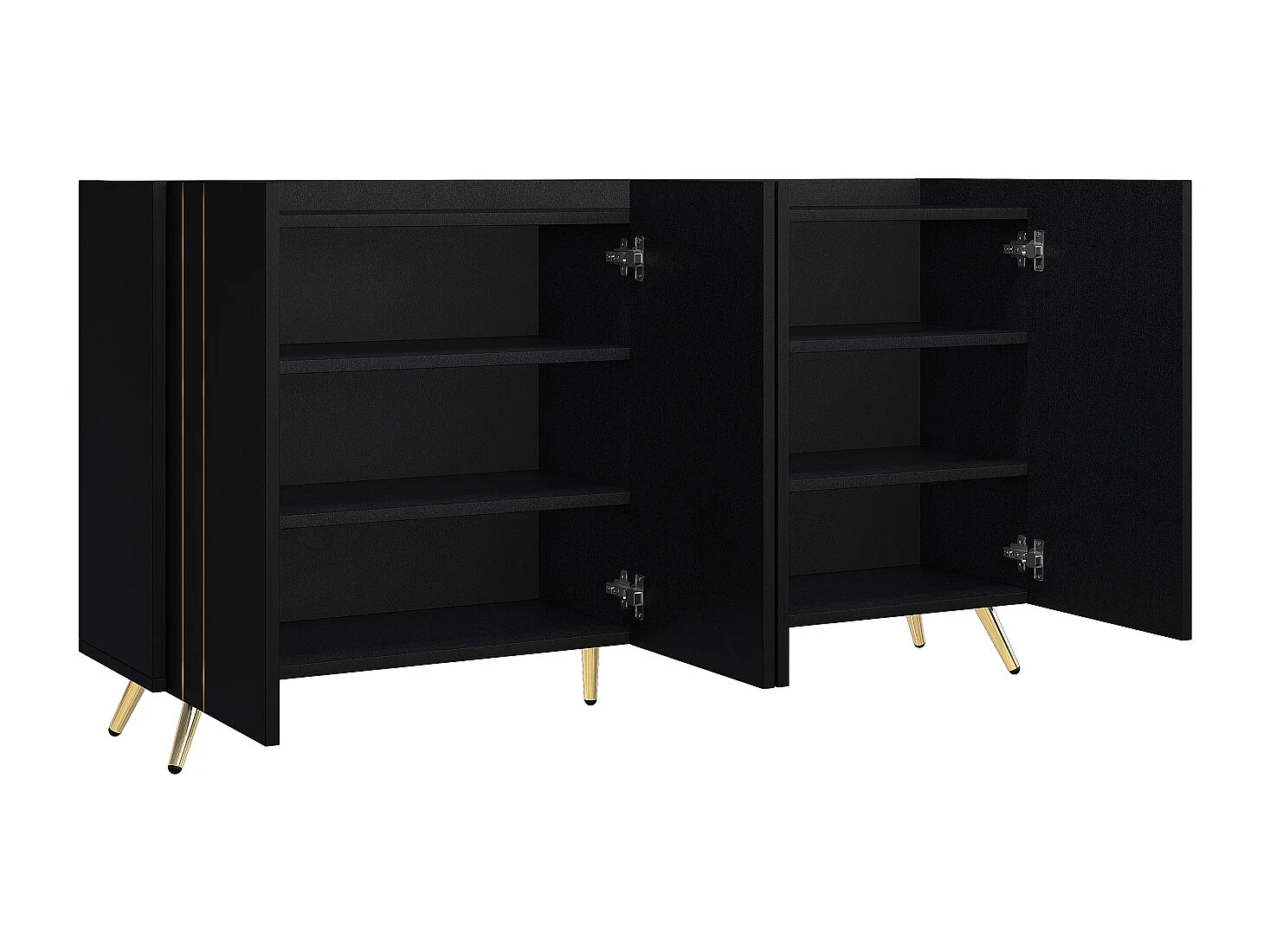 Buffet avec 4 portes - 160x38x80cm - avec étagères réglables et bandes métalliques dorées - armoire haute noir