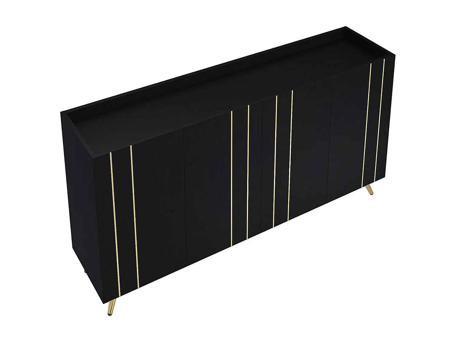 Buffet avec 4 portes - 160x38x80cm - avec étagères réglables et bandes métalliques dorées - armoire haute noir