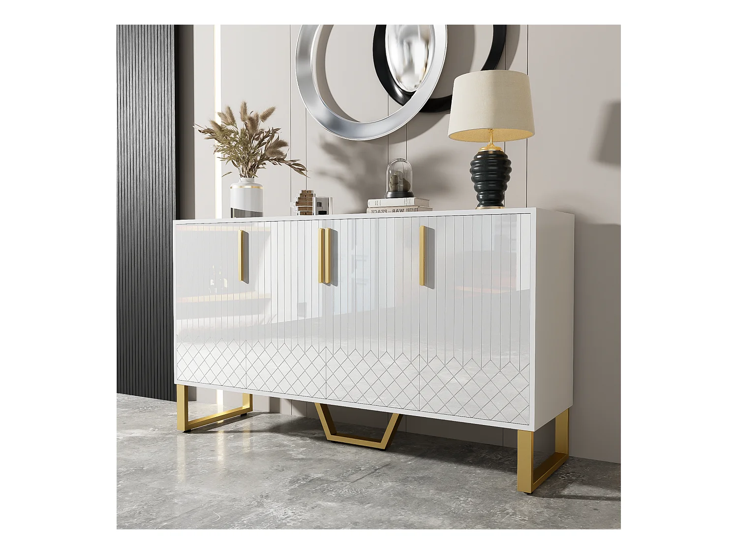 Buffet 140x40x80cm - armoire avec 4 portes, pieds en métal, brillant, design géométrique blanc