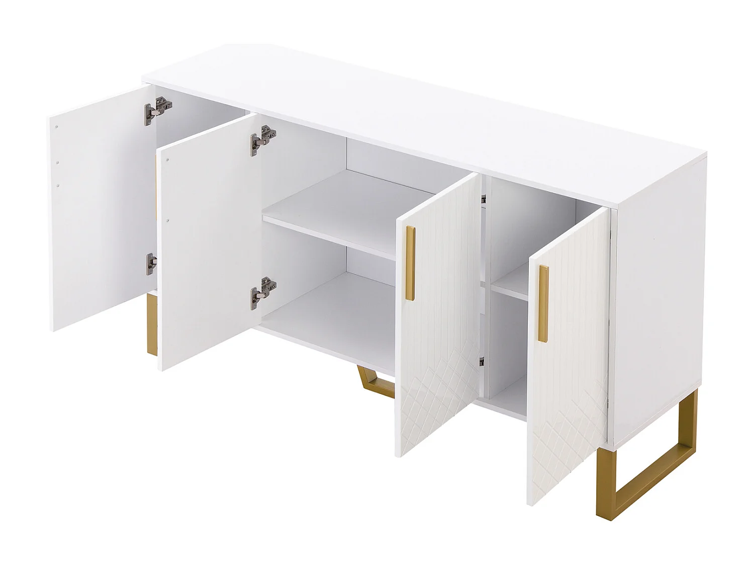 Aparador 140x40x80cm - mueble con 4 puertas, patas de metal, blanco brillo, diseño geométrico
